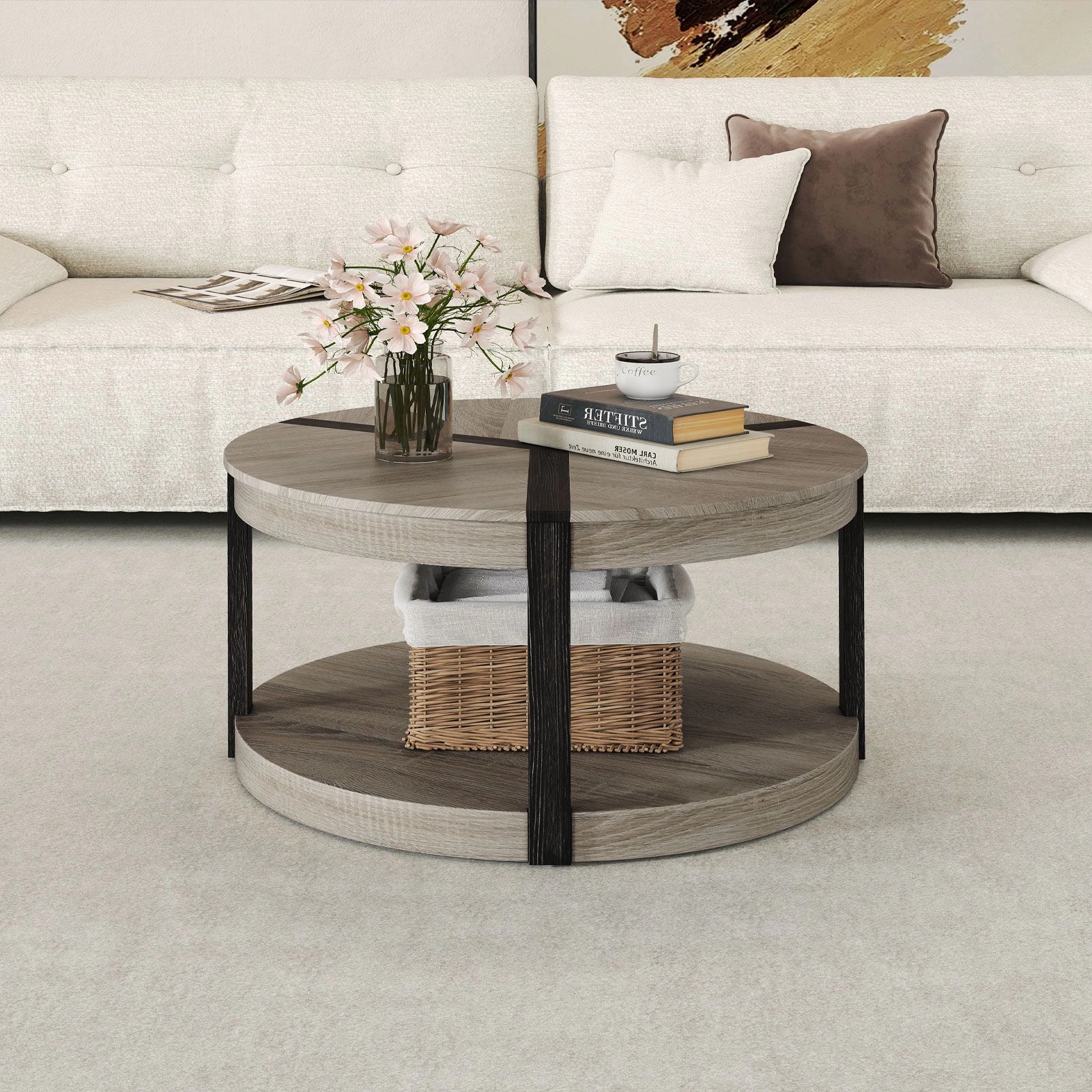 SlickBlue Round Coffee Table with 2 Tier Storage Shelf