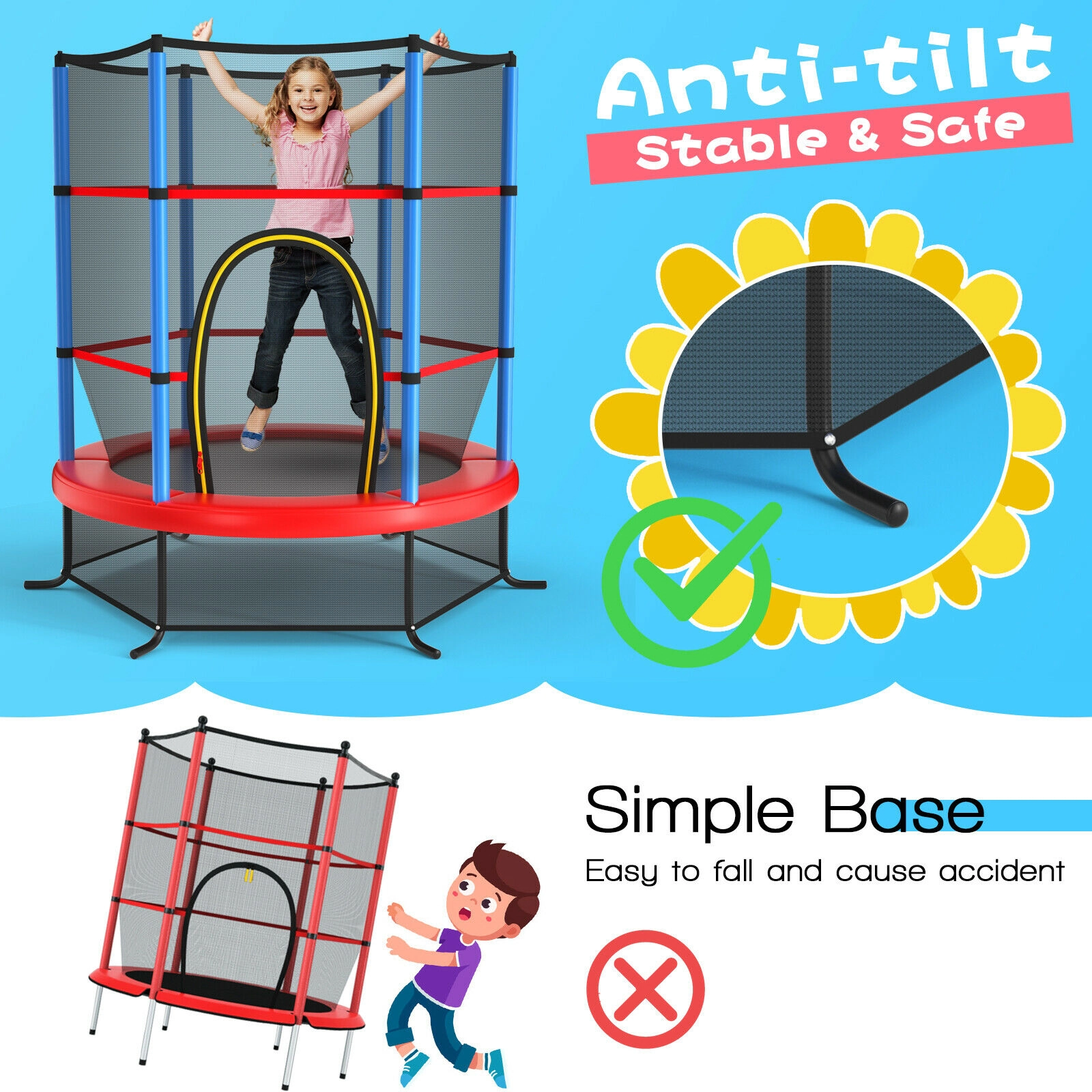 SUGIFT Kids Recreational Trampoline with Enclosure Net 300-lb Capacity Navy Jump Pad with Zippered Door & L-Shaped Legs