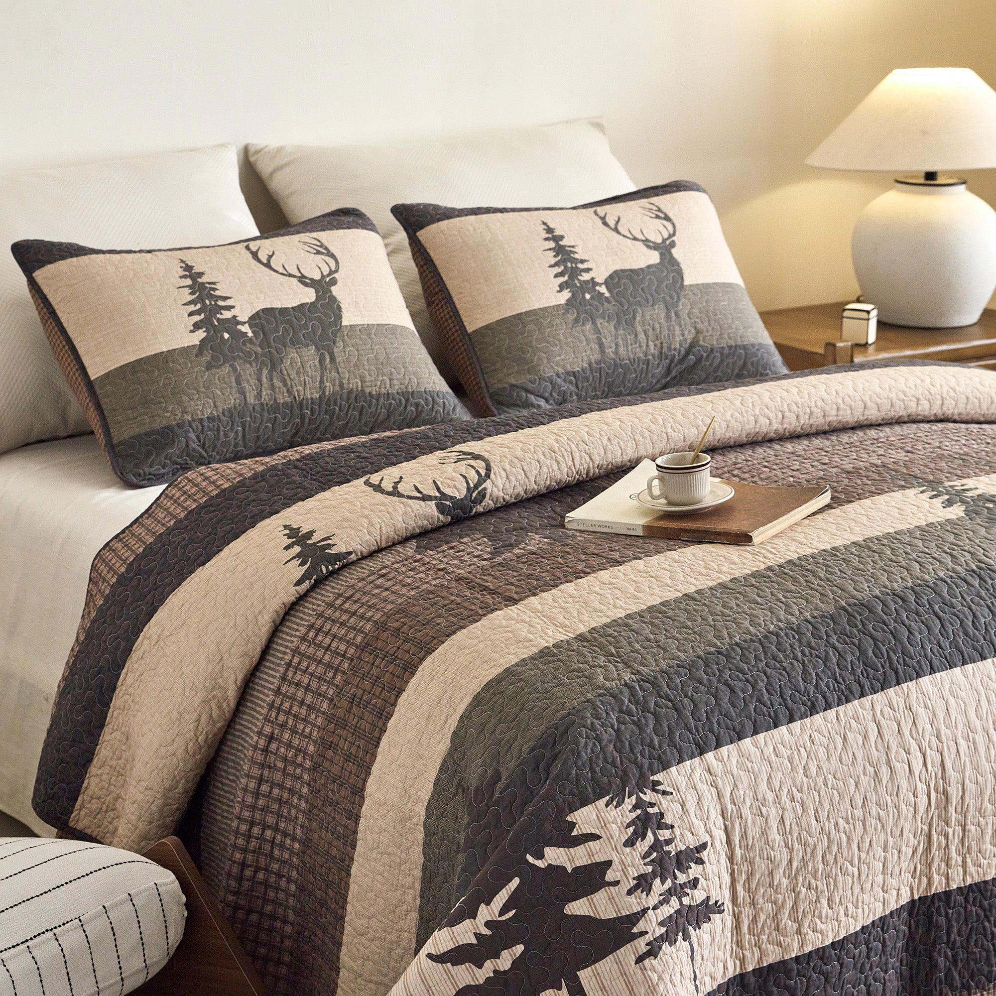 MarCielo 3 Pieces 100% Cotton Rustic Lodge Bear & Deer Forest Quilt Bedspread Set