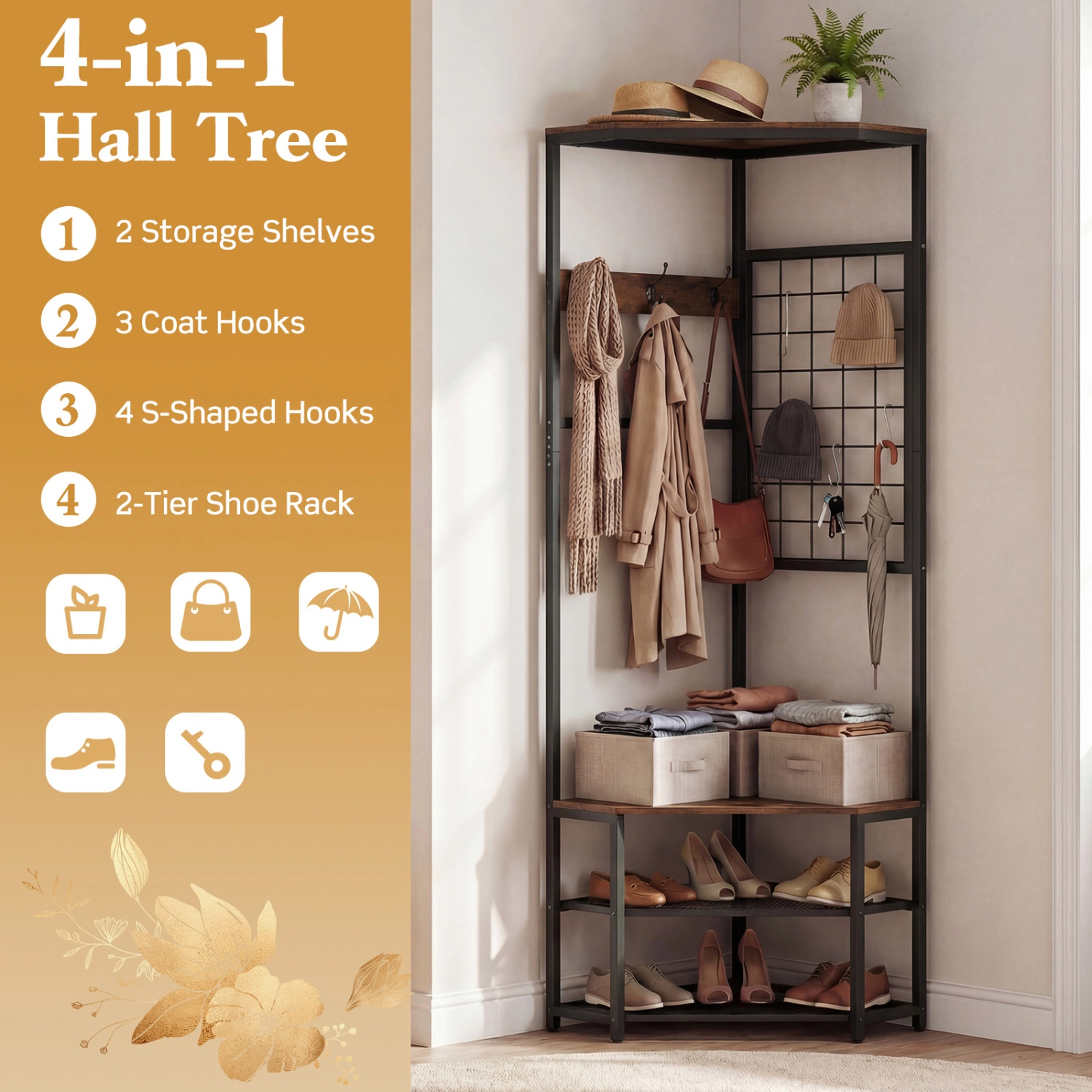 SUGIFT Corner Hall Tree Freestanding Coat Rack with Storage Shelves and Removable Hooks 220-lb Capacity Rustic Brown