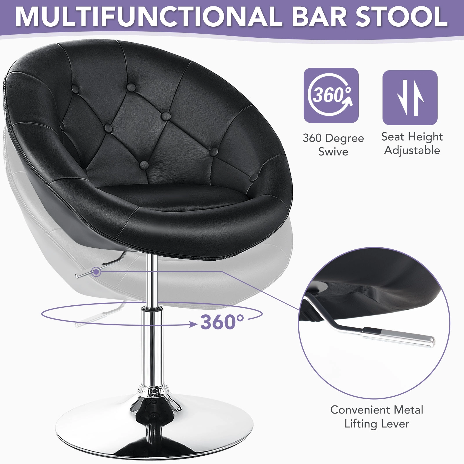 SUGIFT Adjustable Swivel Round PU Leather Accent Chair 330-Lb Capacity 30.5-36-in Adjustable Height Black