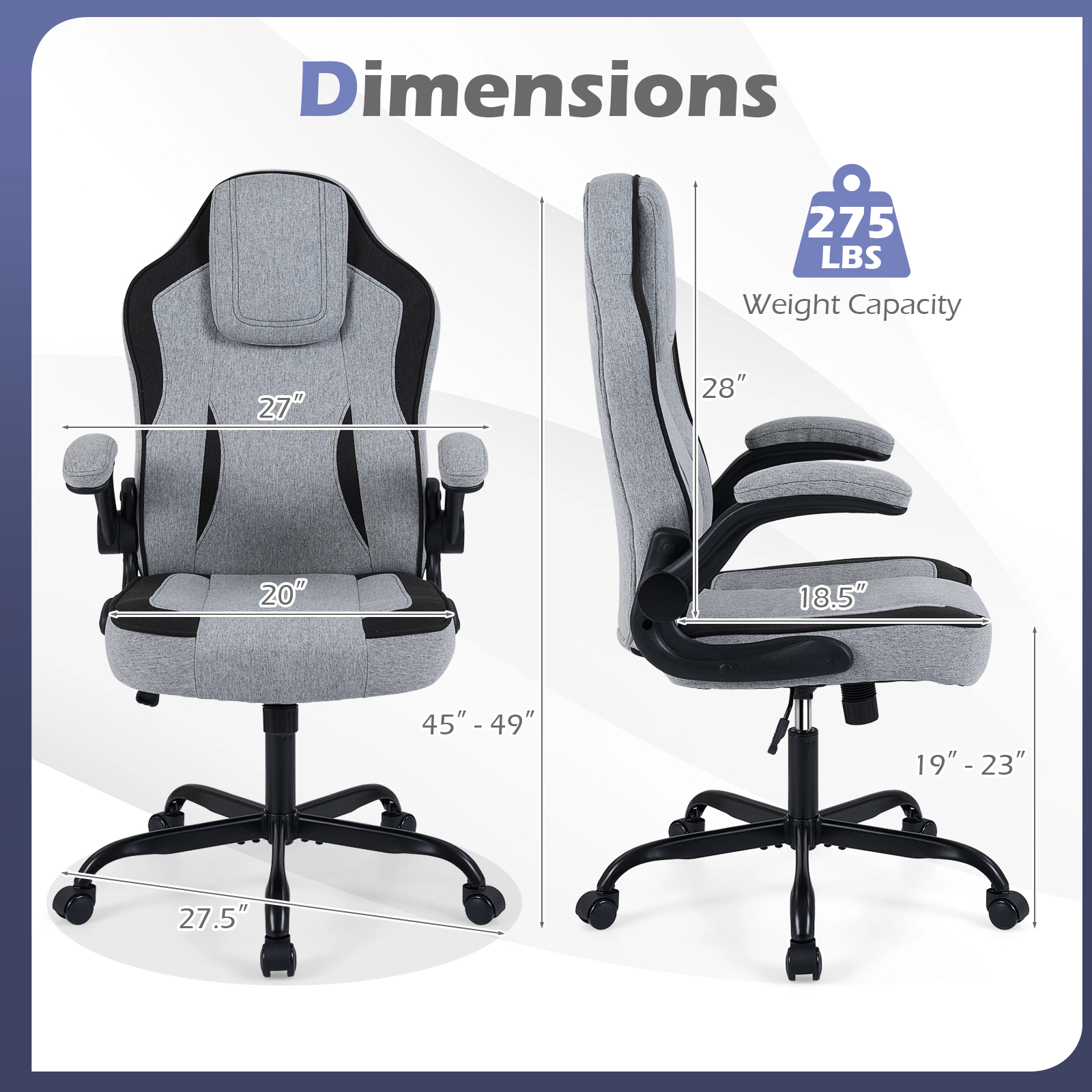 SUGIFT High Back 275-lb Capacity Gray Linen Ergonomic Computer Desk Chair with 90-Degree Flip-up Arms