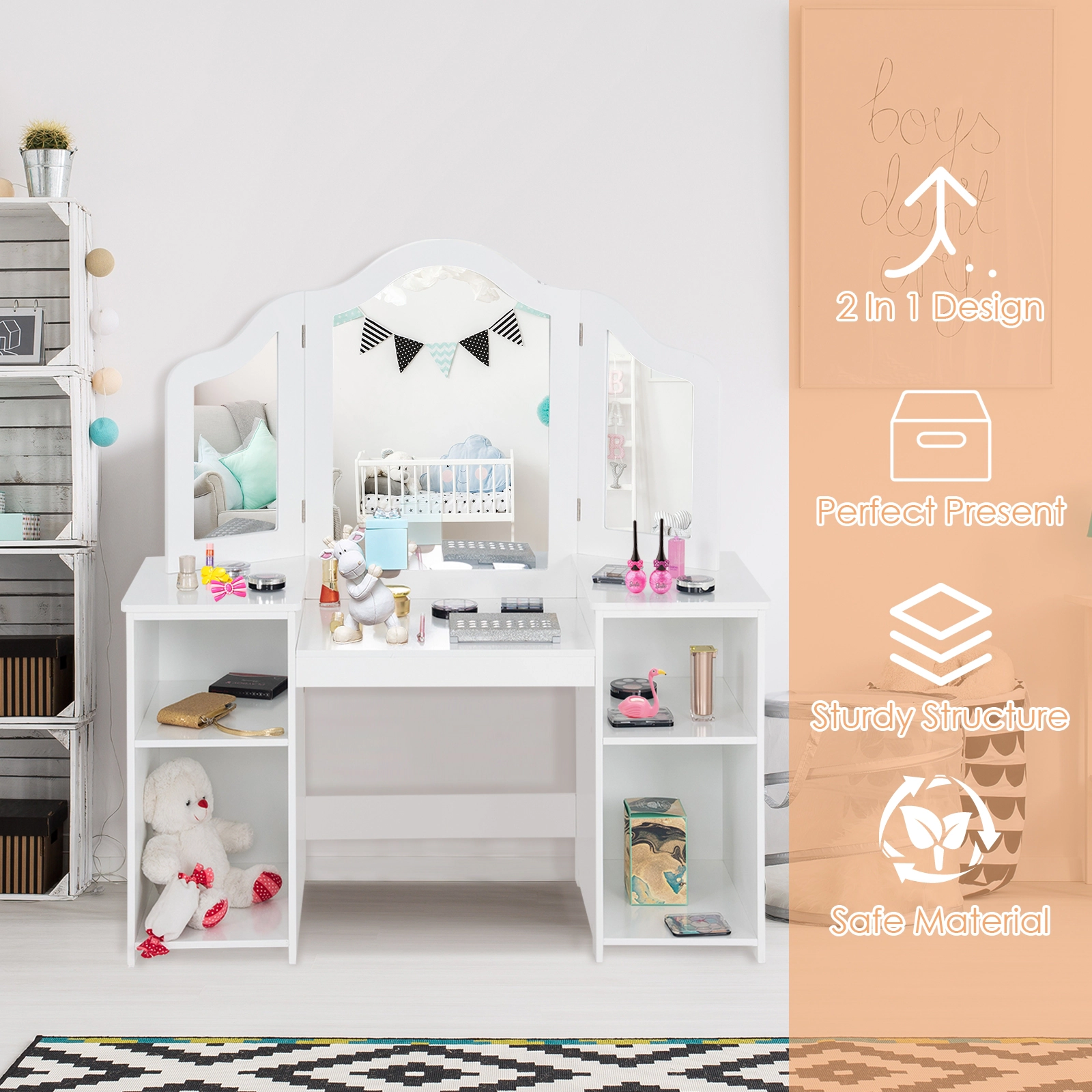 SUGIFT White Tri-Folding Mirror 4 Storage Compartments and Stool Kids Vanity Table Set
