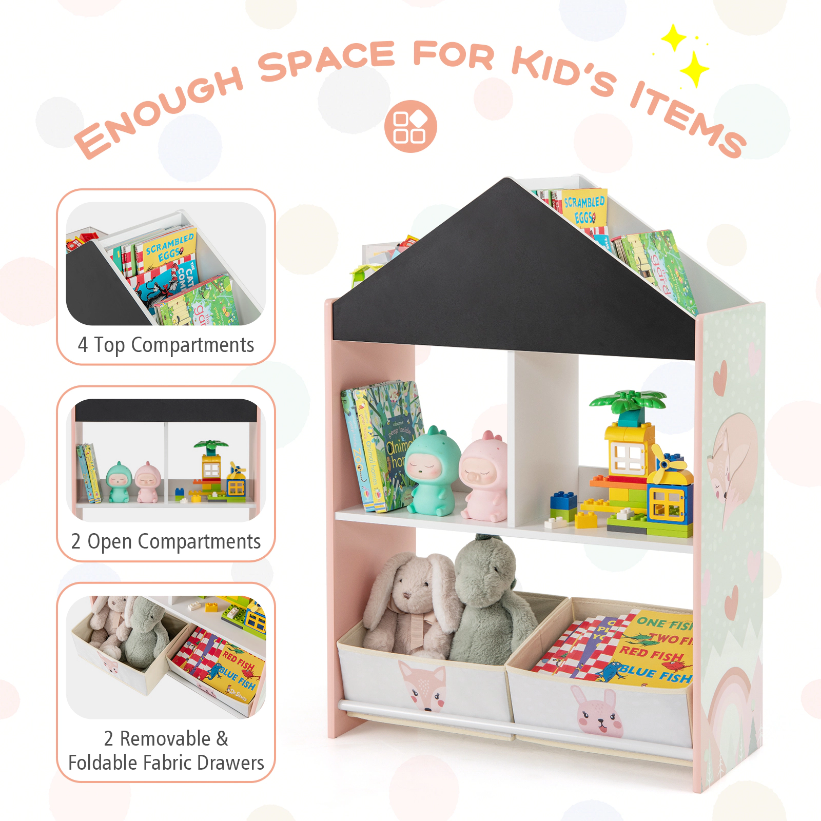 SUGIFT Playhouse Kids Bookshelf with Chalkboard and Whiteboard for 3-6 Years Pink