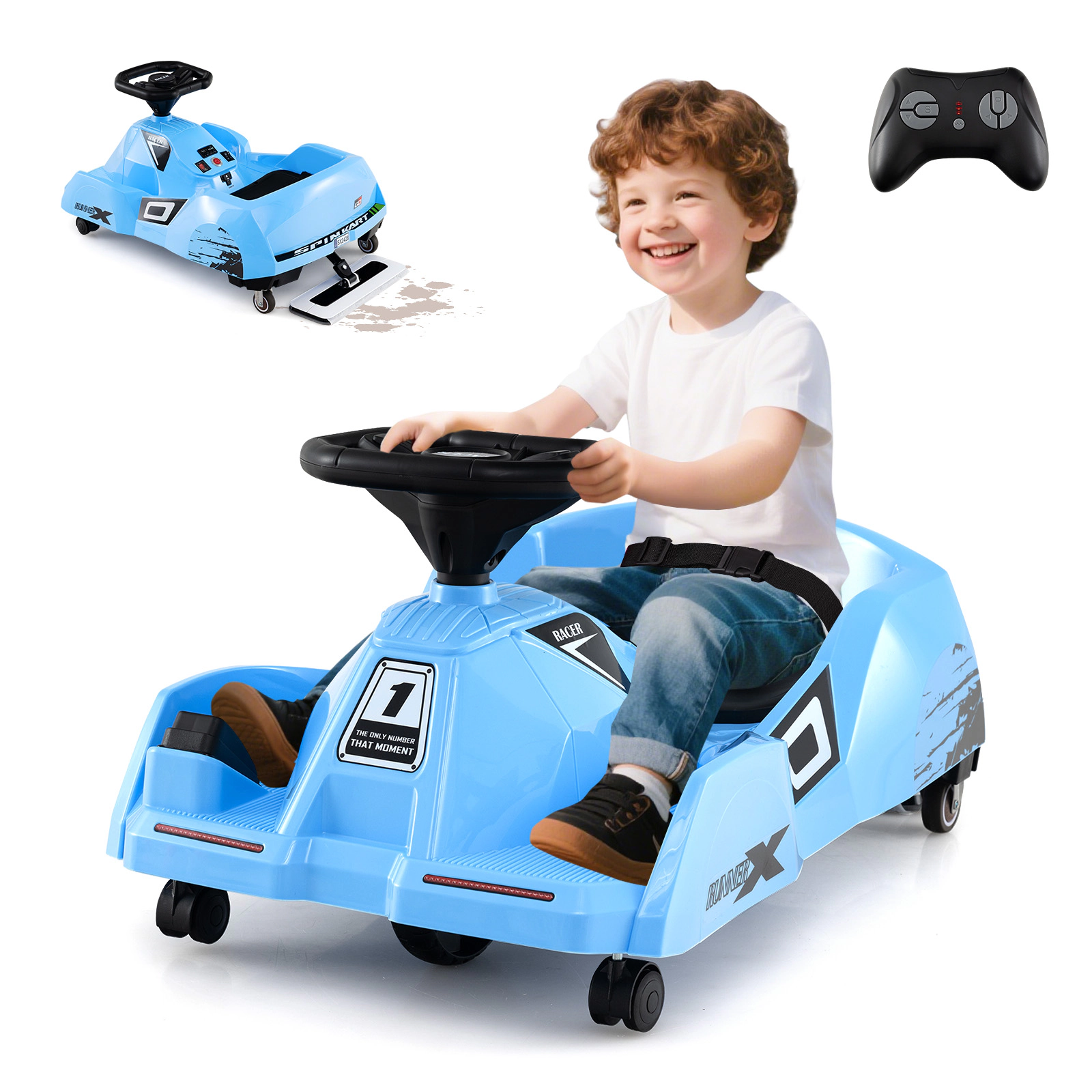 SUGIFT 3-Mode 12V Electric Cleaning Ride-On Go Kart with Detachable Mop 66-lb Capacity Ages 2-5 Blue with Remote Control