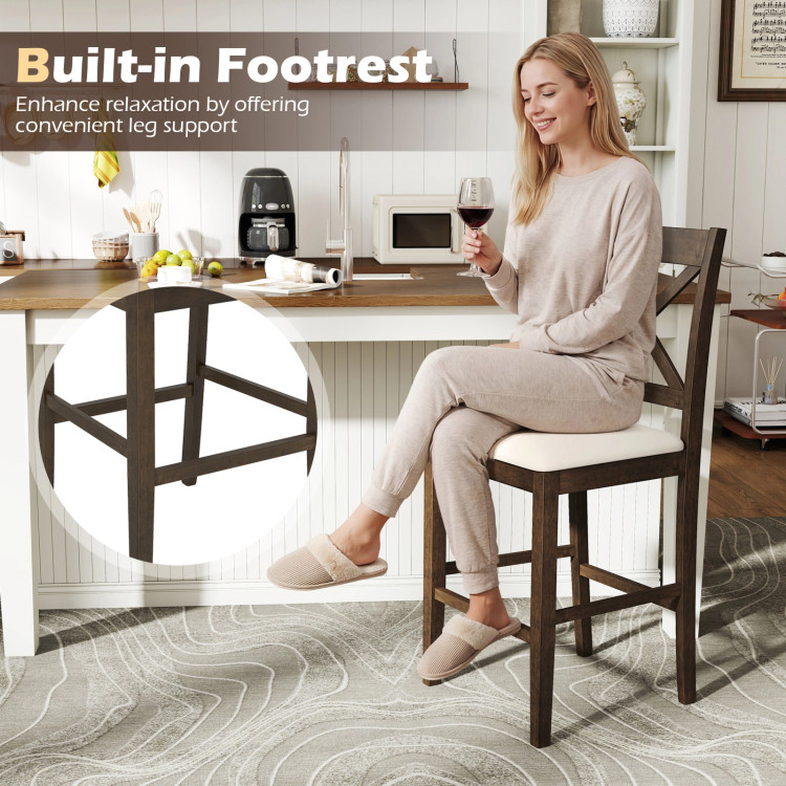 SUGIFT X-Back Counter-Height Bar Stools with Upholstered Cushioned Seats 330-lb Capacity Dark Brown and Cream