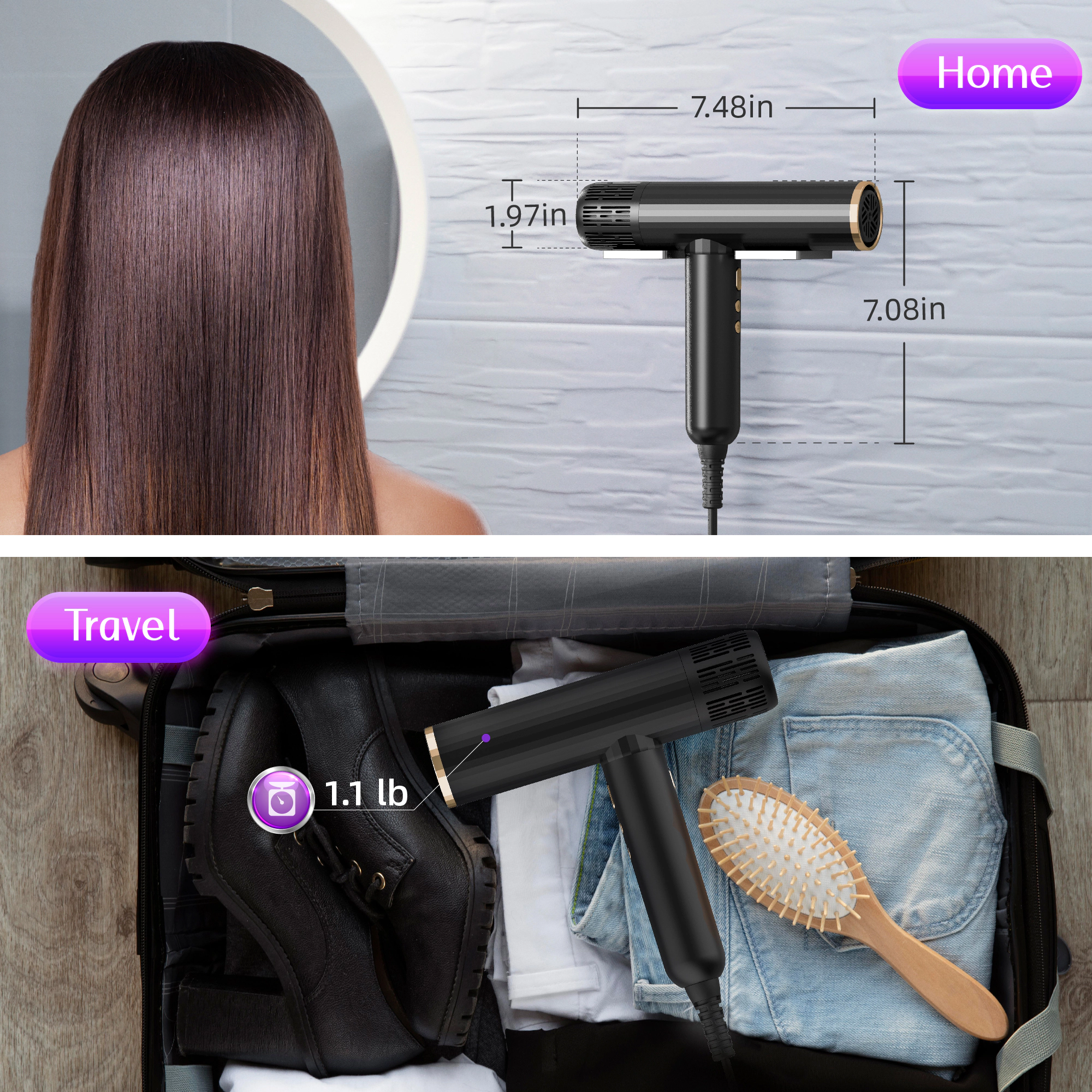 NICEBAY 1600W High-Speed Ionic Hair Dryer, Brushless Motor 110,000 RPM, Low Noise, Lightweight for Travel & Home