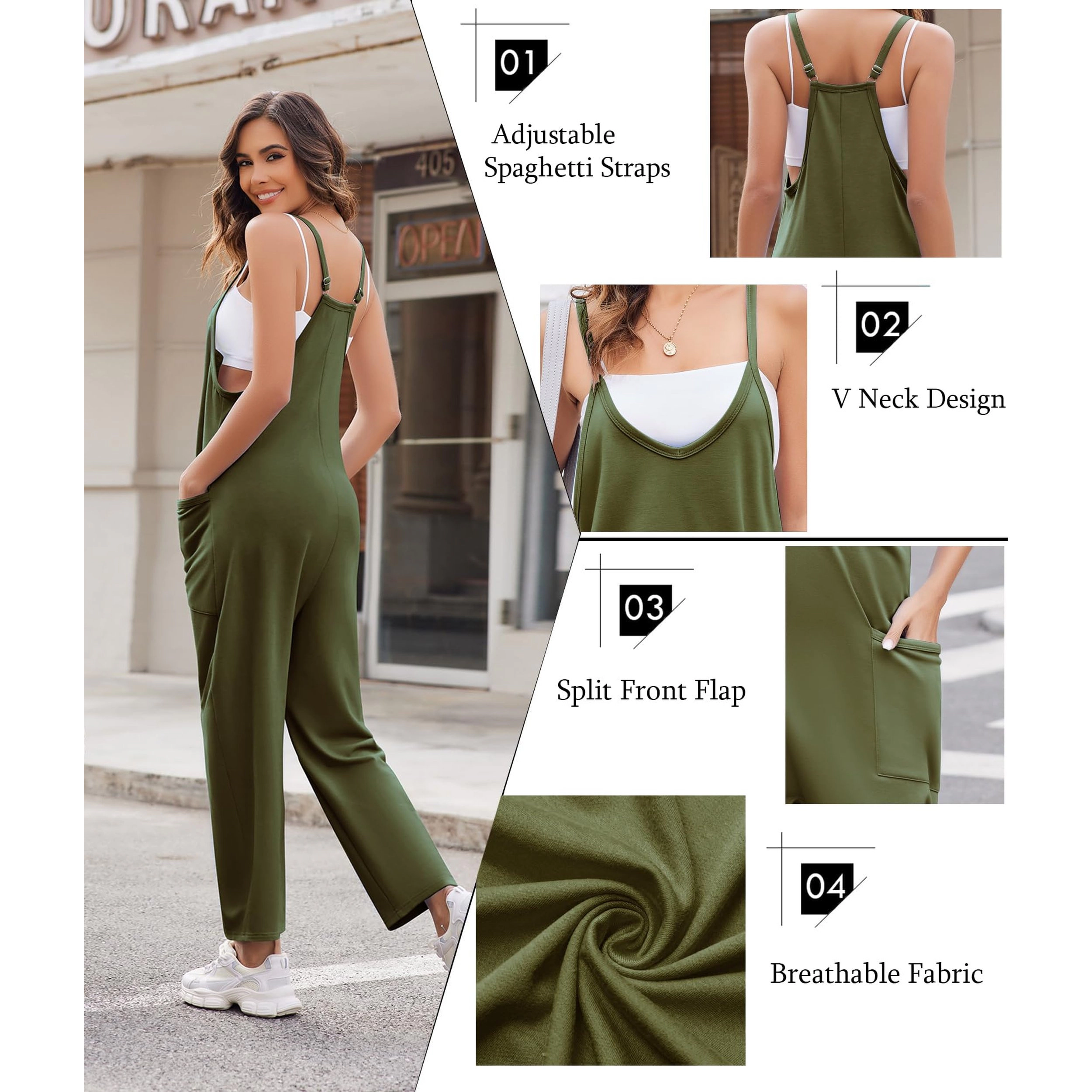 Ekouaer Women's V Neck Spaghetti Strap Loose Jumpsuit with Pockets