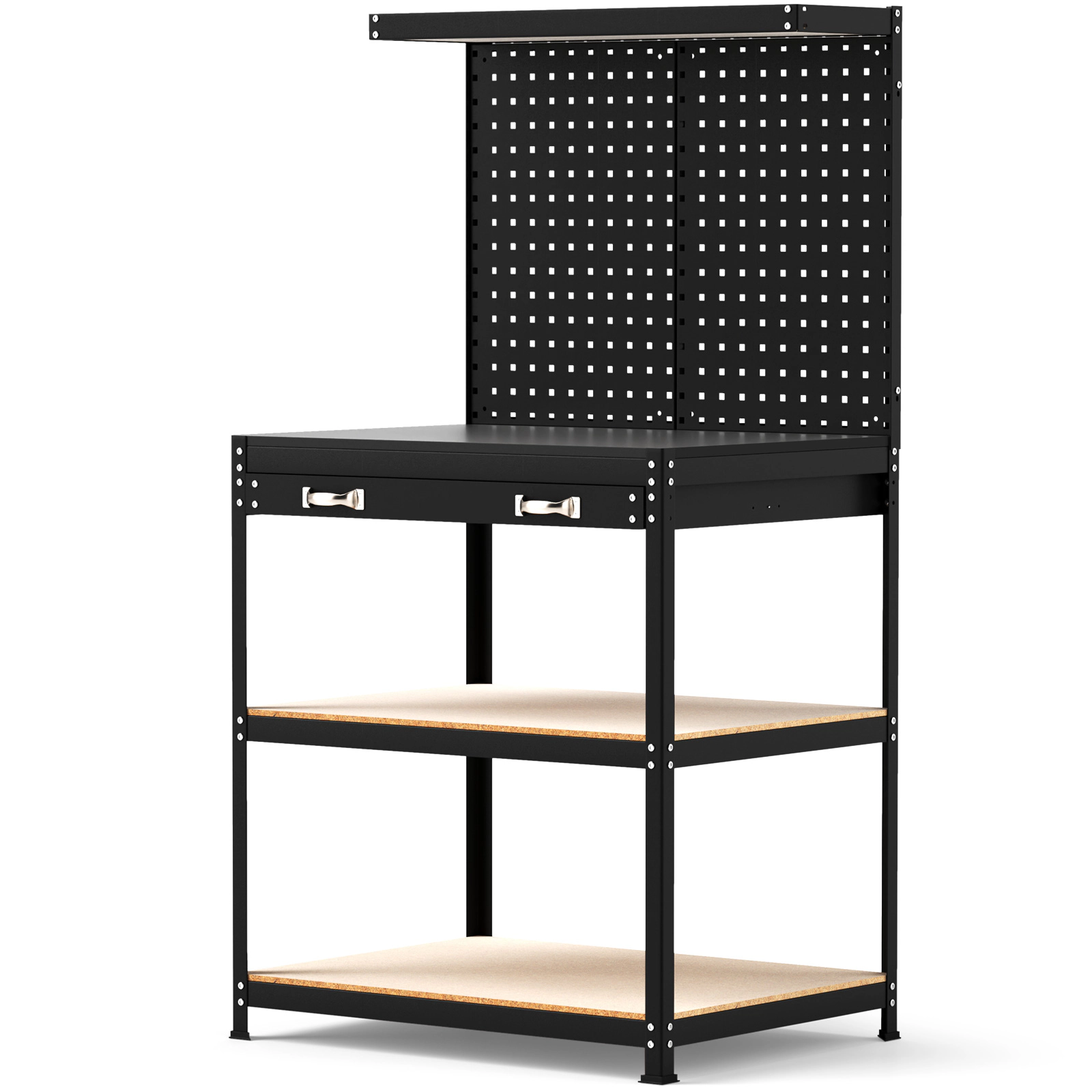 SUGIFT 32 x 16 in Heavy-Duty Workbench Work Table with 2 Pegboards Drawer 2 Shelves 495-lb Total Capacity Black