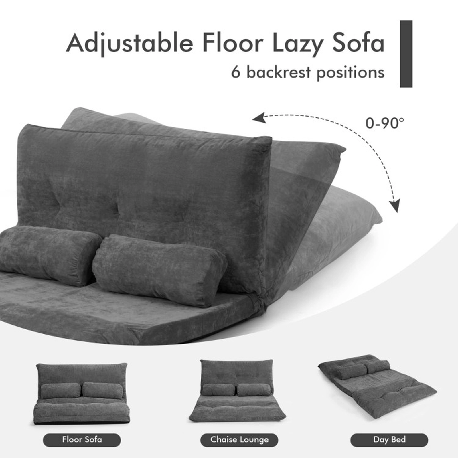 SUGIFT 6-Position 2 Pillows Corduroy Convertible Sleeper Floor Sofa Bed 71-in x 42.5-in x 7-in 330-lb Capacity Gray