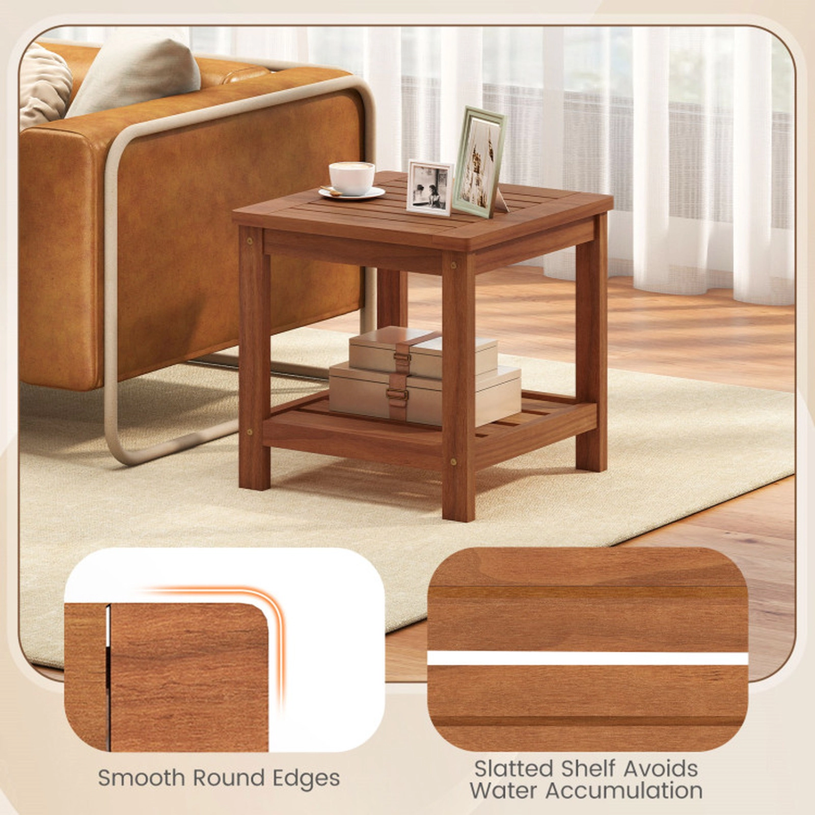 SUGIFT Storage Shelf for Patio 2-Tier Natural Outdoor Solid Wood Side Table
