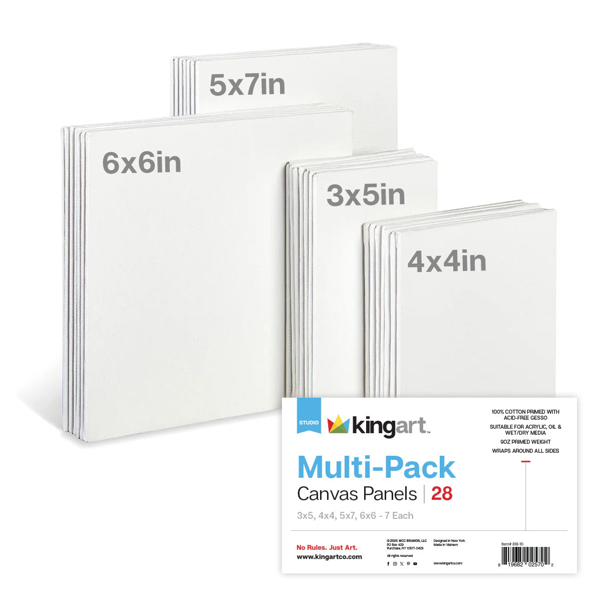 KINGART Classic Canvas Panels – Mixed Sizes 28 Pack (3x5, 4x4, 5x7, 6x6)