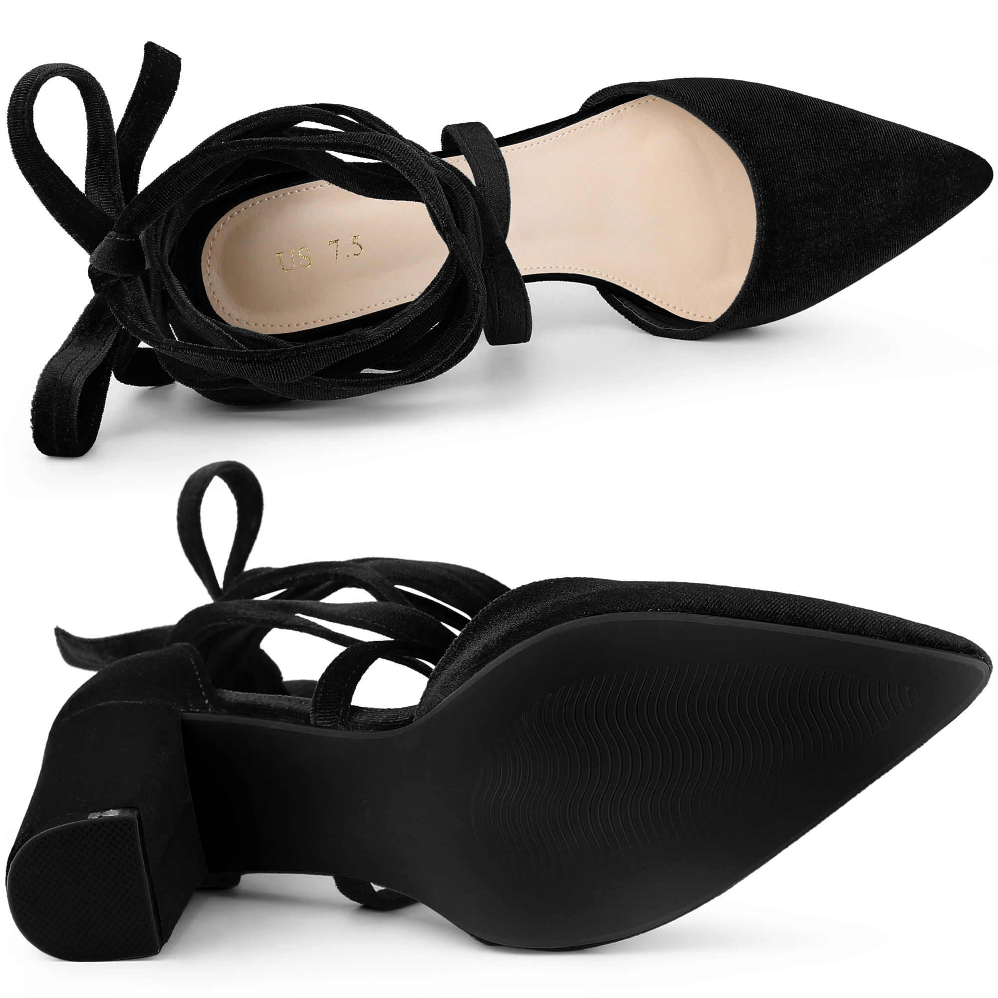 BLISSFUL STEP Women Velvet Lace Up Pointed Toe Chunky Heels Pumps Dress Shoes