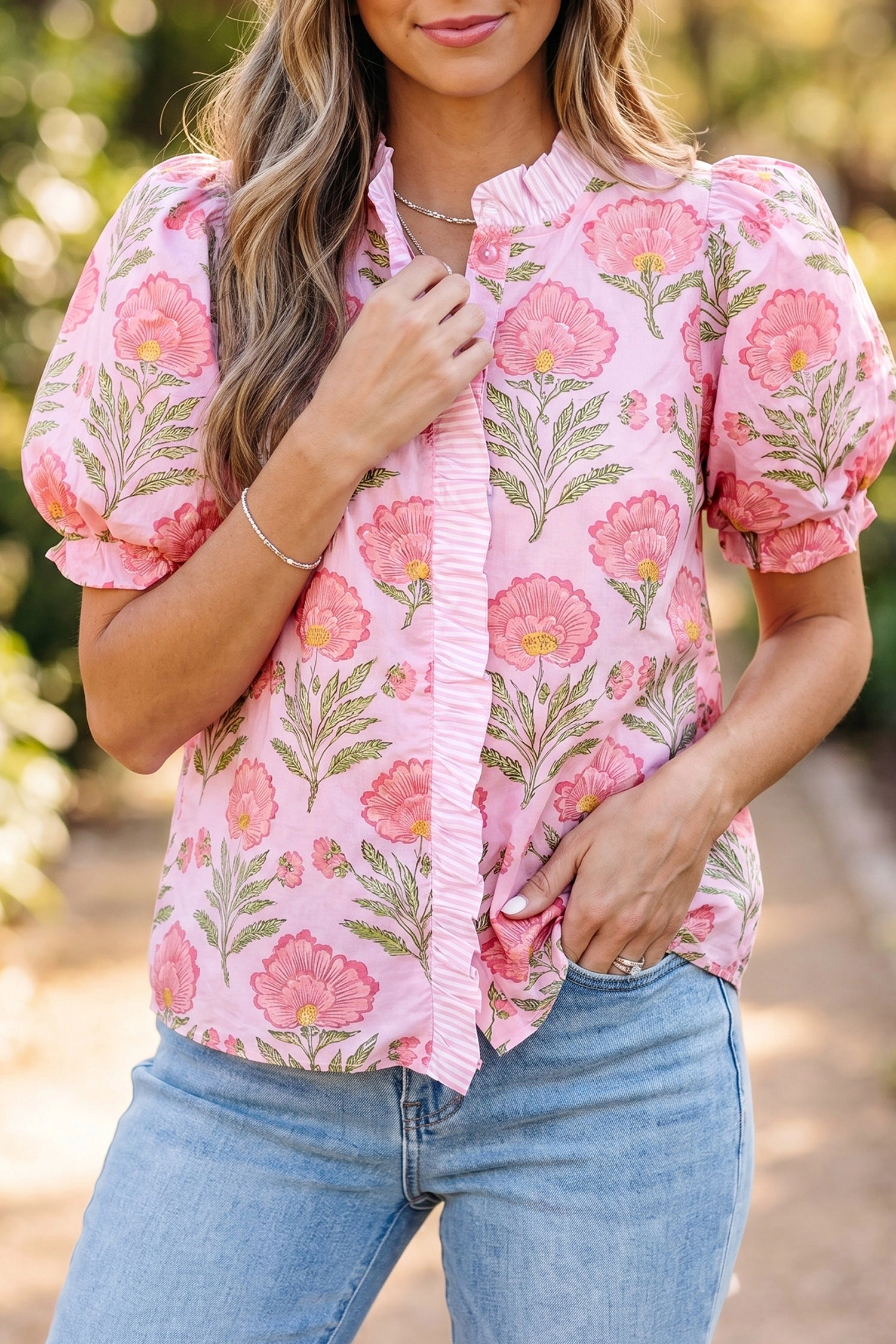 Threaded Pear Melanie Trim Puff Sleeve Shirt