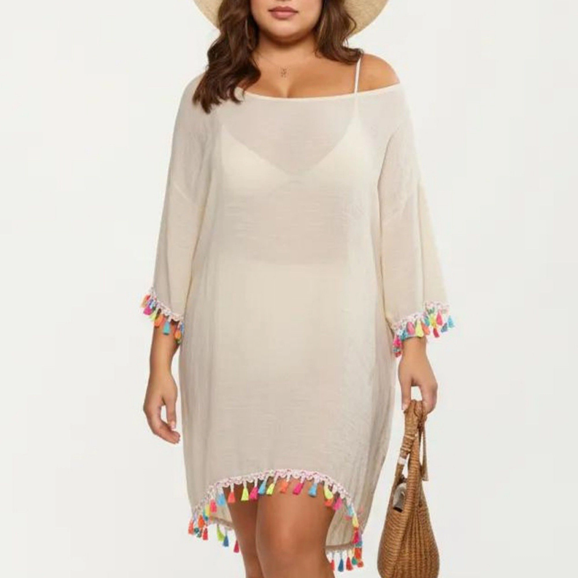 Anna-Kaci Women's Plus Sheer Tassel Trim Scoop Neck Loose Fit Swim Cover Up Dress
