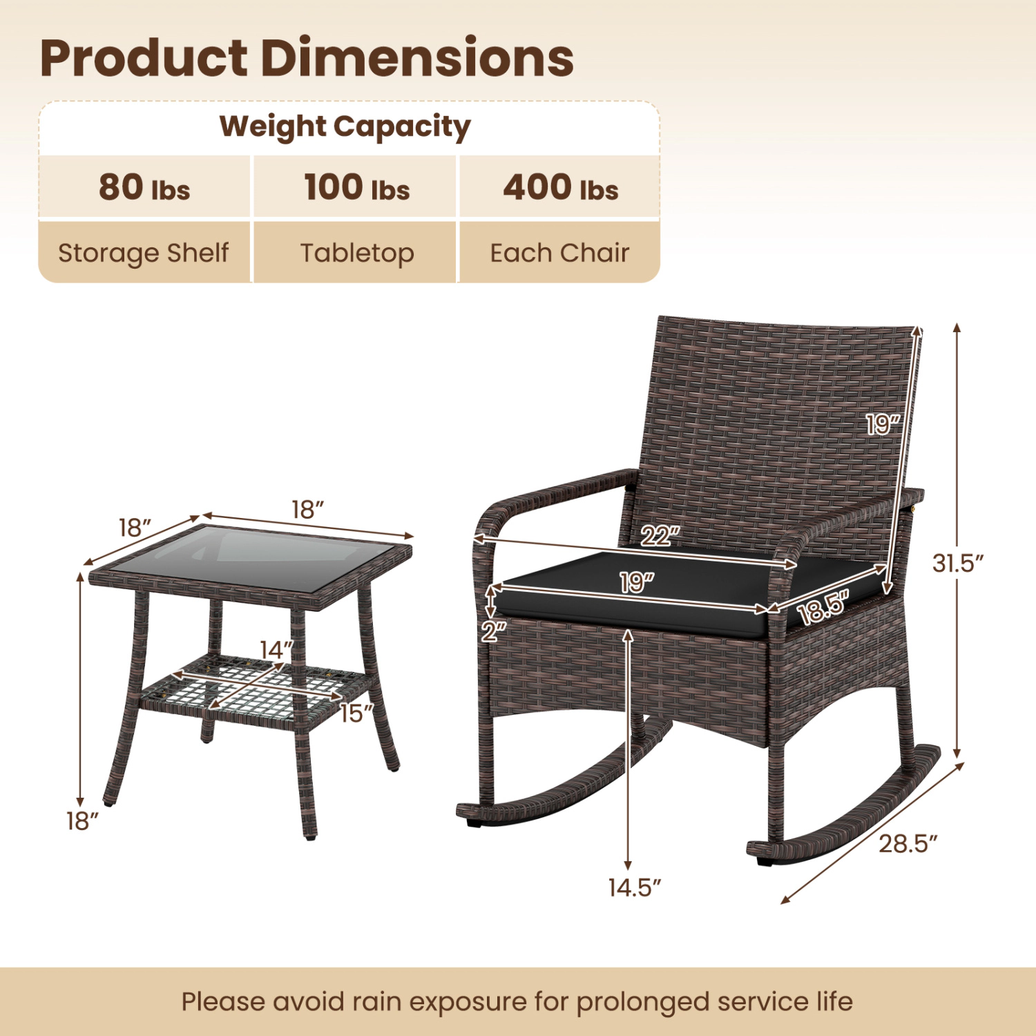 LJG 3 Pieces PE Wicker Rocking Bistro Set with 2-Tier Side Table Cushions and Ergonomic Armchairs for Porch