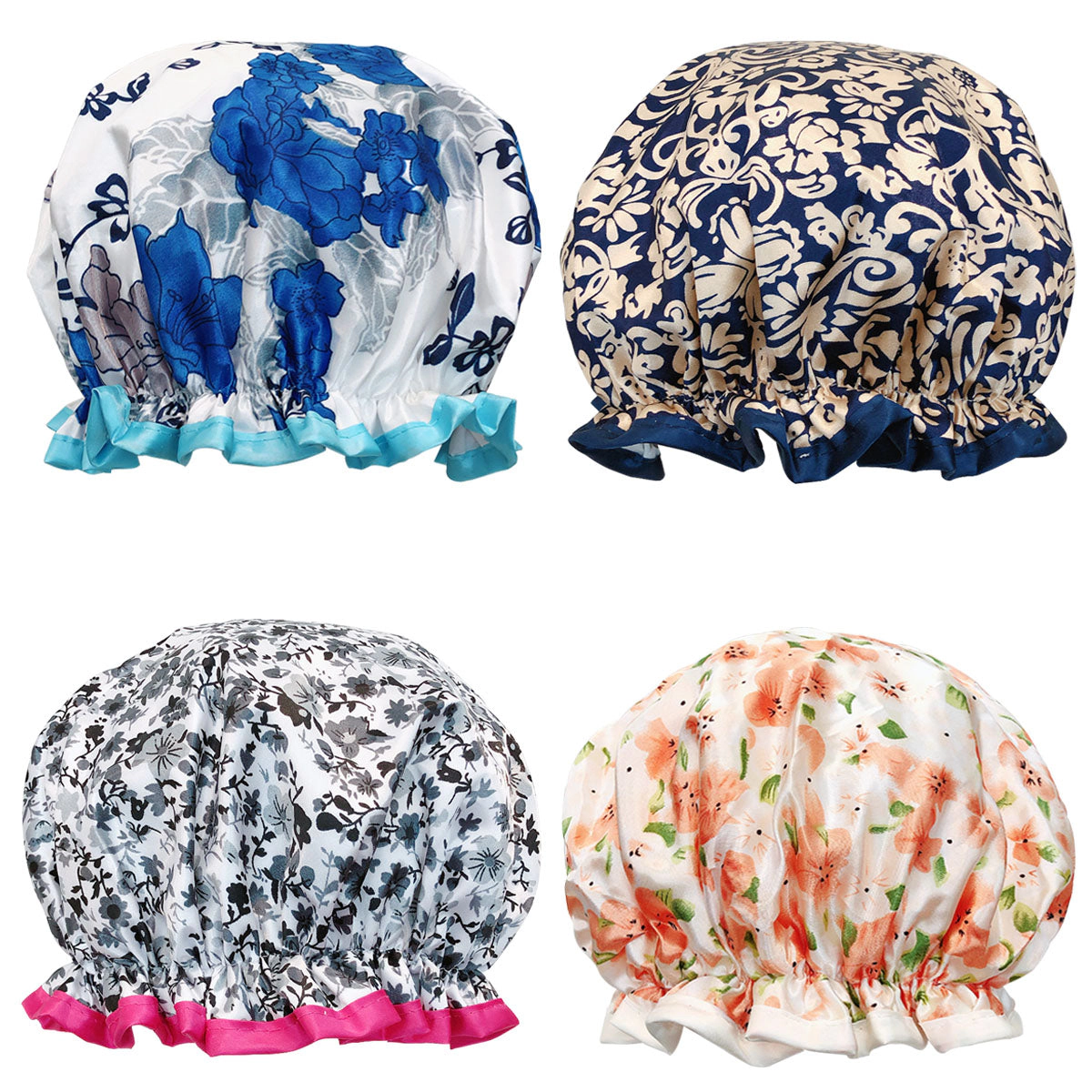 Wrapables Women's Stylish Double Layer Waterproof Shower Caps (Set of 4), Majestic Floral