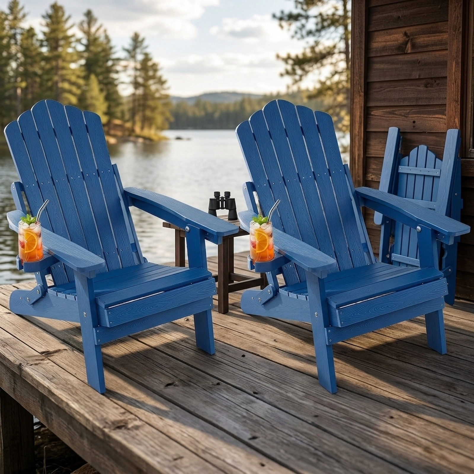 SUGIFT 2-Piece Folding Adirondack Chair Set, 5-Position Recline to 135°, Swivel Cup Holders, Navy HIPS