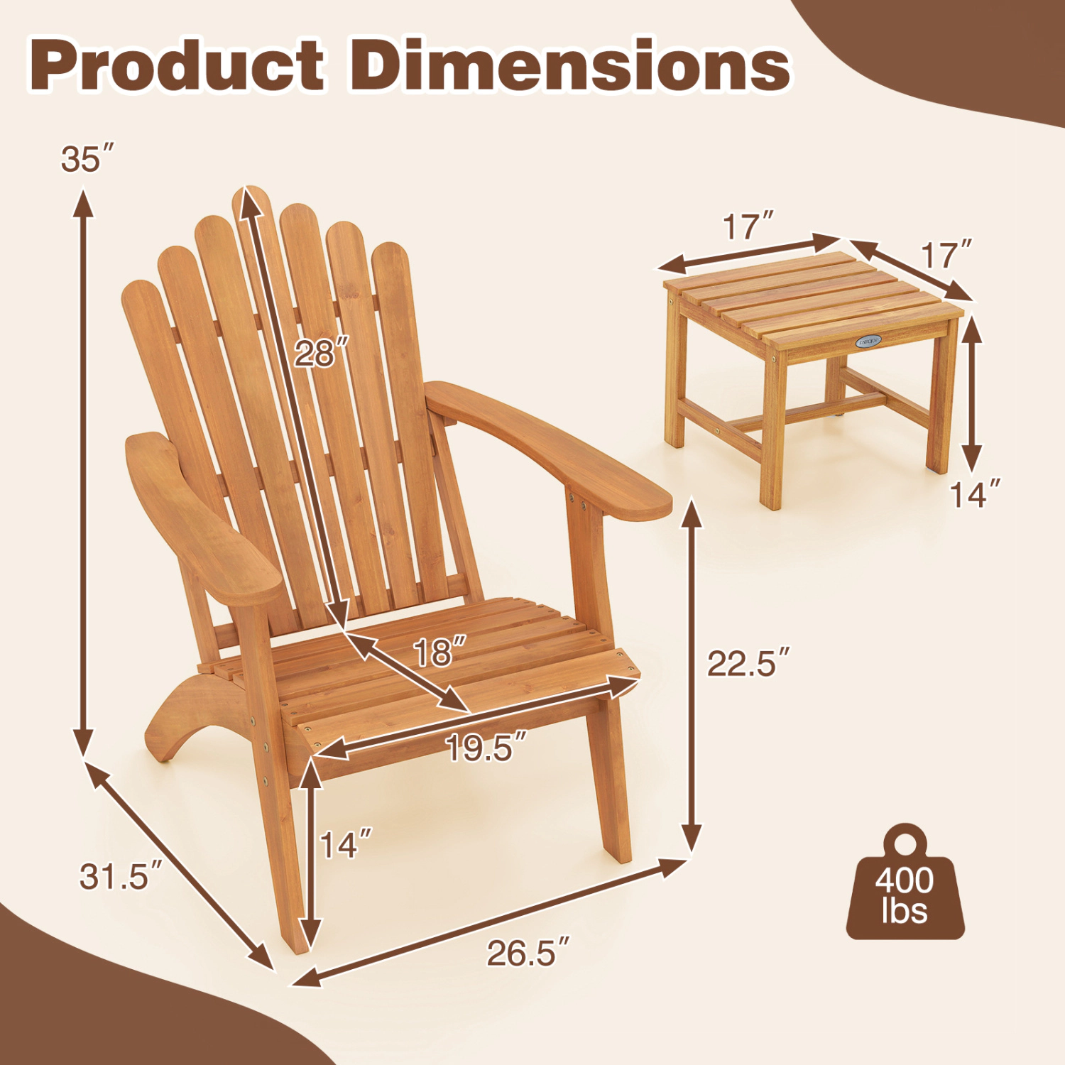 LJG Adirondack Chair Set of 2 with Side Table for Deck Garden and Porch