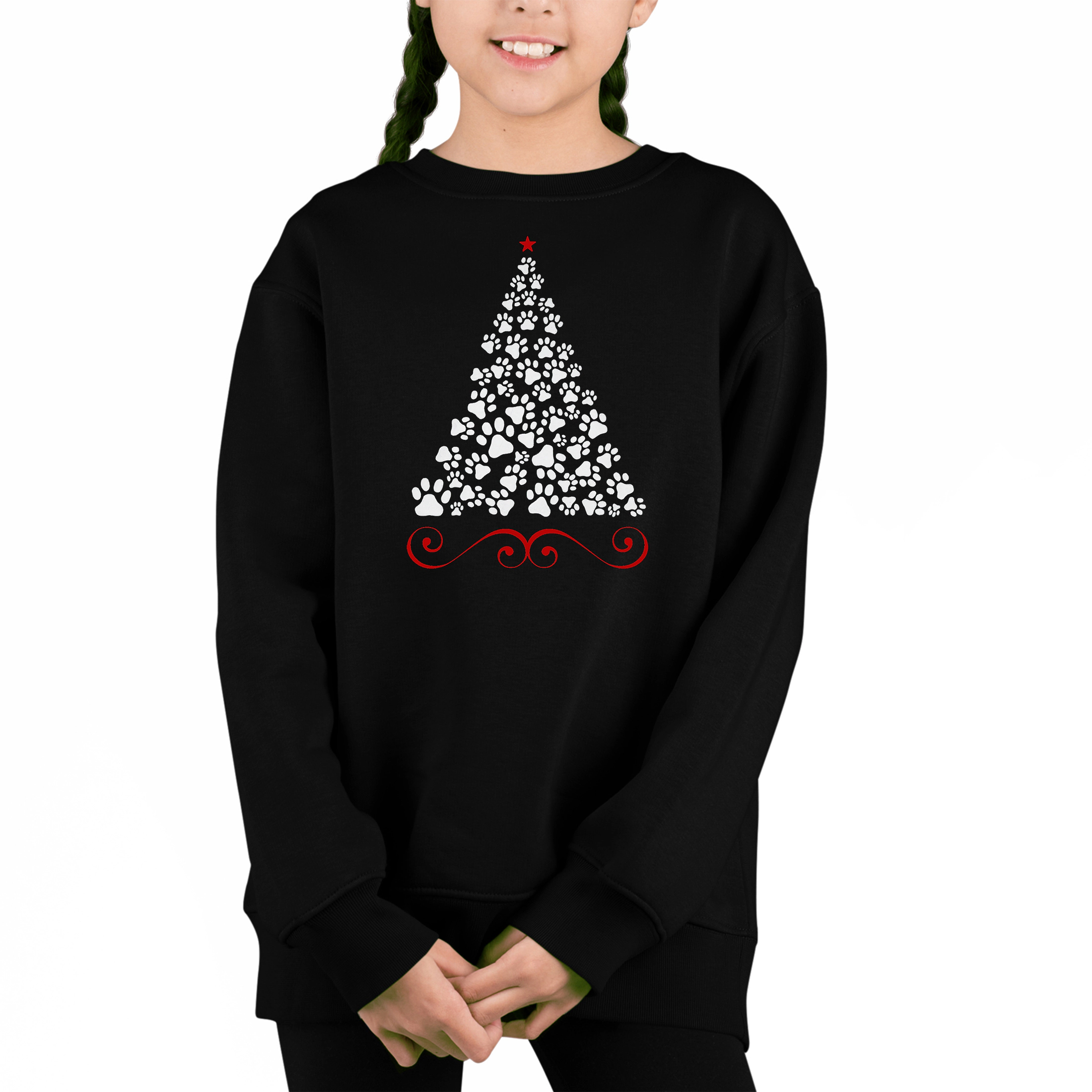 LA Pop Art Girl's Word Sweatshirt - Paw Christmas Tree