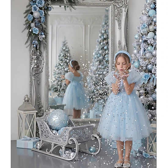 2Bunnies Girls’ Sequin Embellished Puff Sleeve Tulle Princess Party Dress