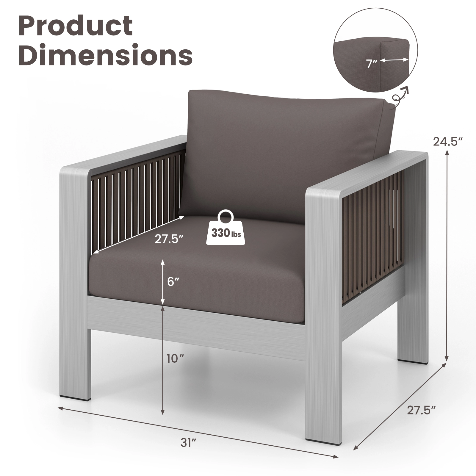 SUGIFT Rustproof Aluminum Patio Armchair with Thick Back and Seat Cushion 330-lb Capacity Gray