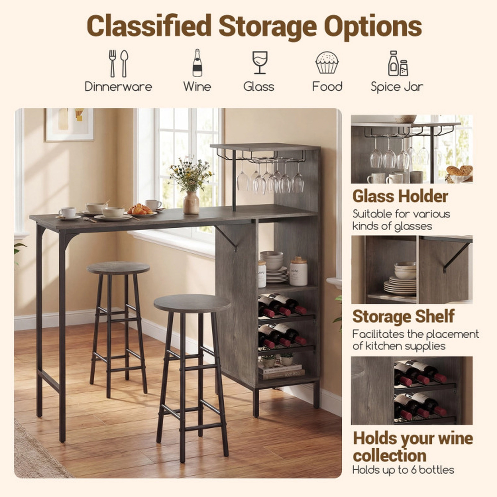 SUGIFT 3 Piece Bar Table and Chairs Set with 6-Bottle Wine Rack 400-lb Table Capacity Brown Oak Rustic Brown