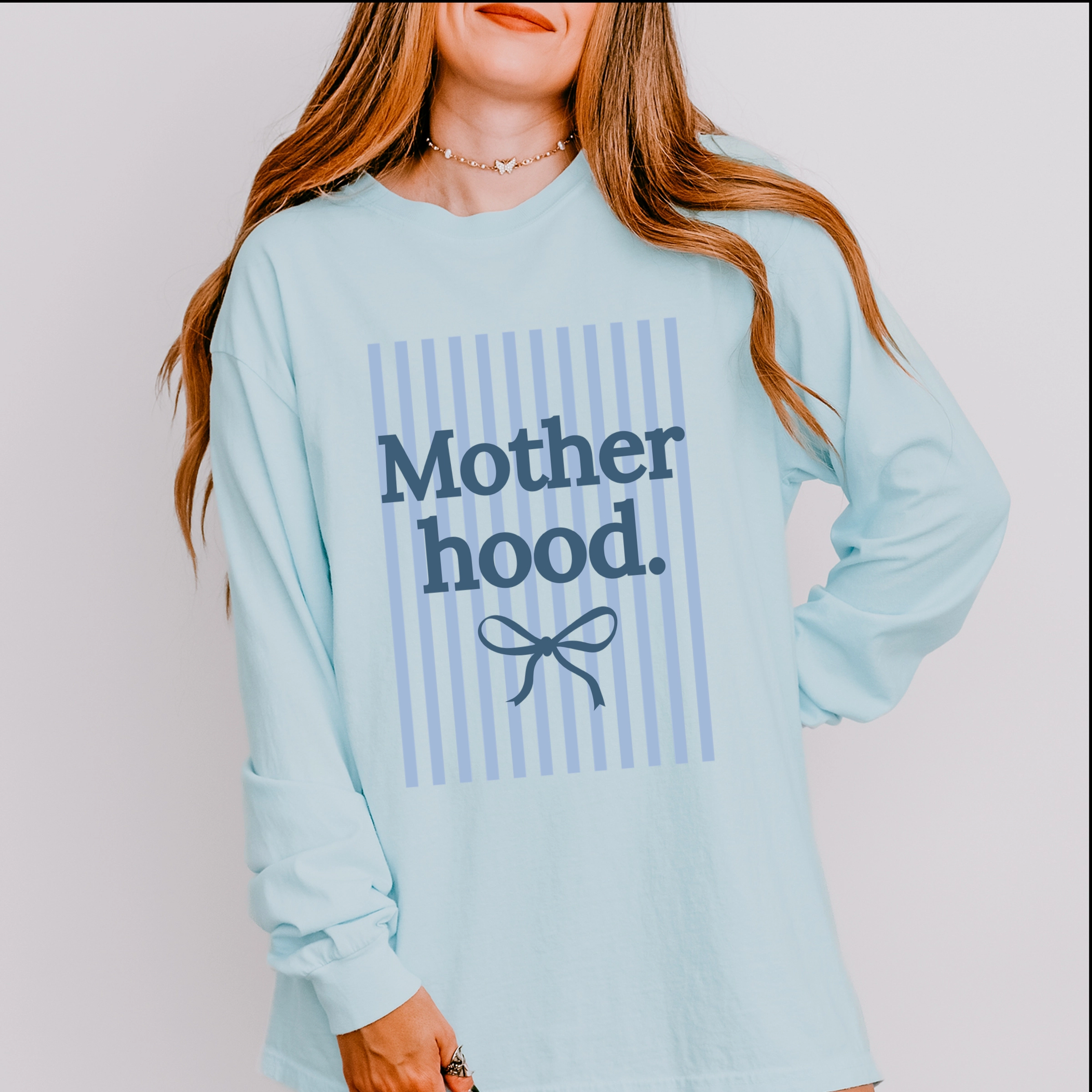 Simply Sage Market - Blue Motherhood Stripes Women's Garment Dyed Long Sleeve Graphic T-Shirt