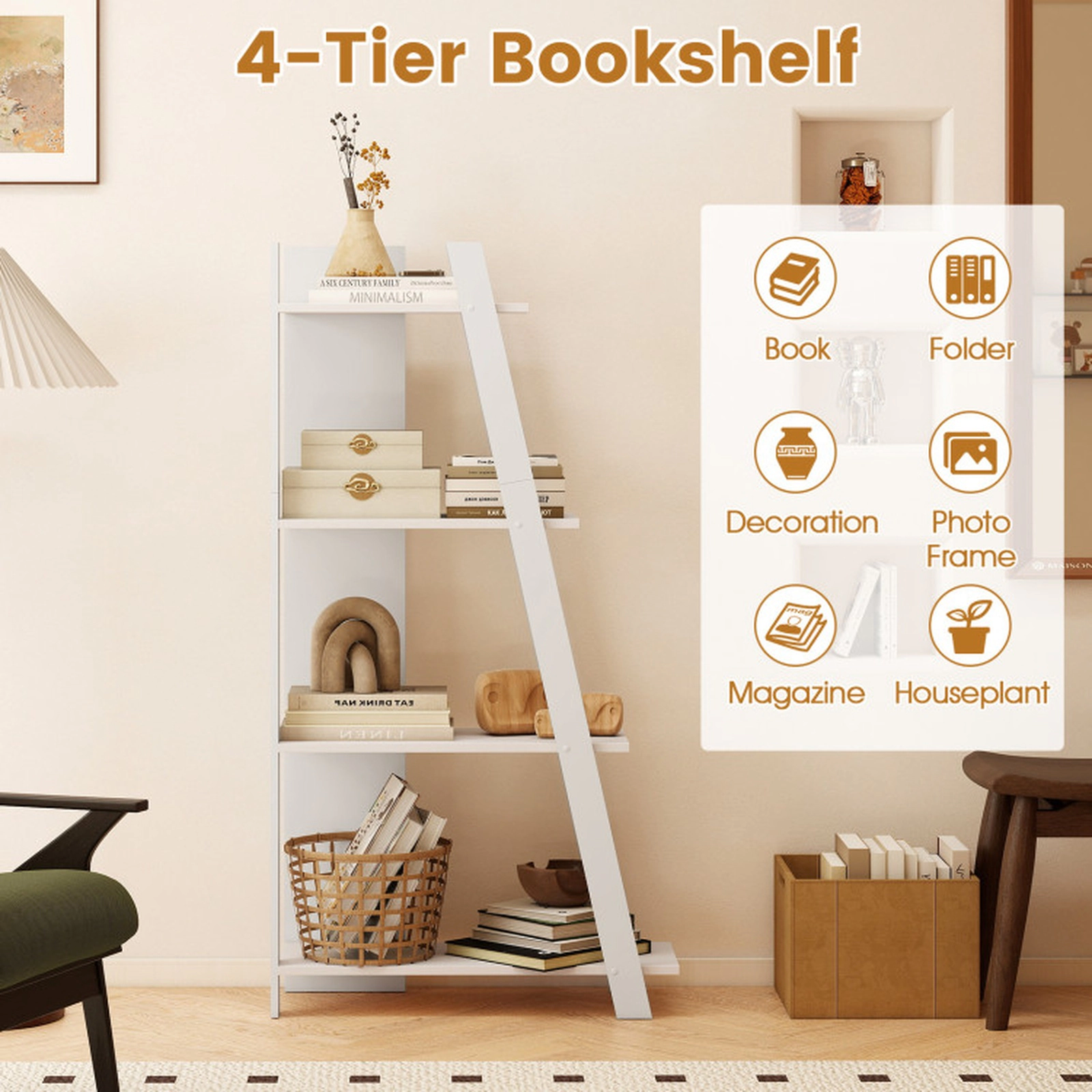 SUGIFT 4-Tier Modern Wooden Vertical Bookshelf 61-in Tall with 51-lb Shelves 203-lb Total Capacity White for Small Space