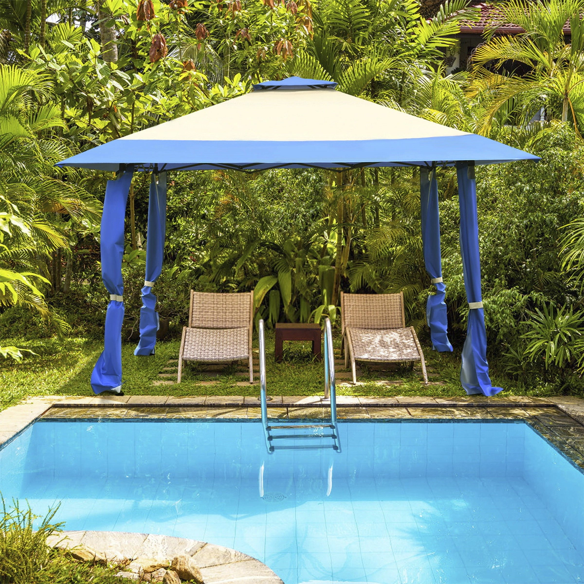 SUGIFT Blue Pop Up Canopy Tent Gazebo with 8 Stakes and Adjustable Height 13-ft W 13-ft D 9.3-ft H