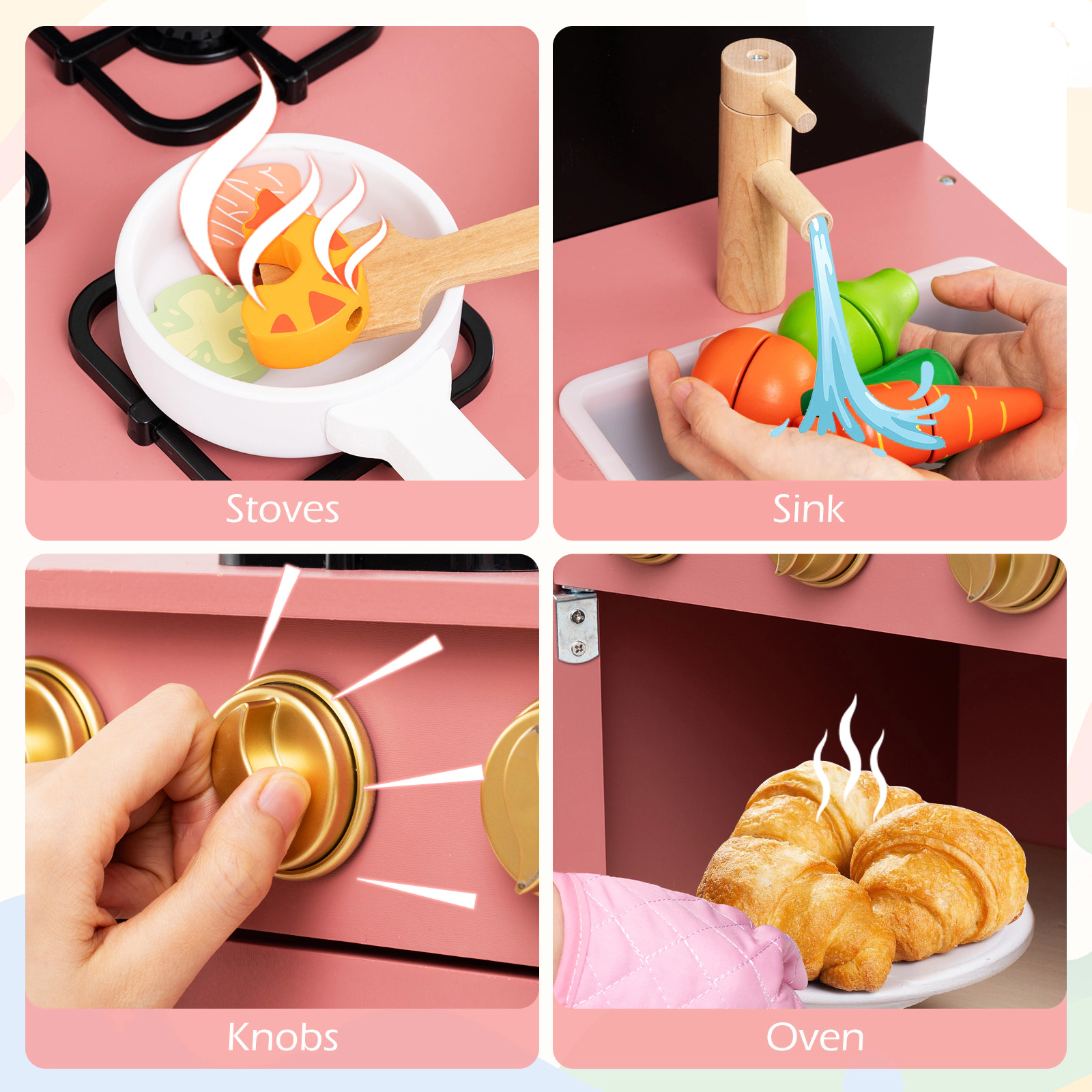SUGIFT Play Kitchen for Kids with Stove Sink Oven and Door Curtain Ages 3+ Pink with Apron Glove Pan Pot Lid Utensils
