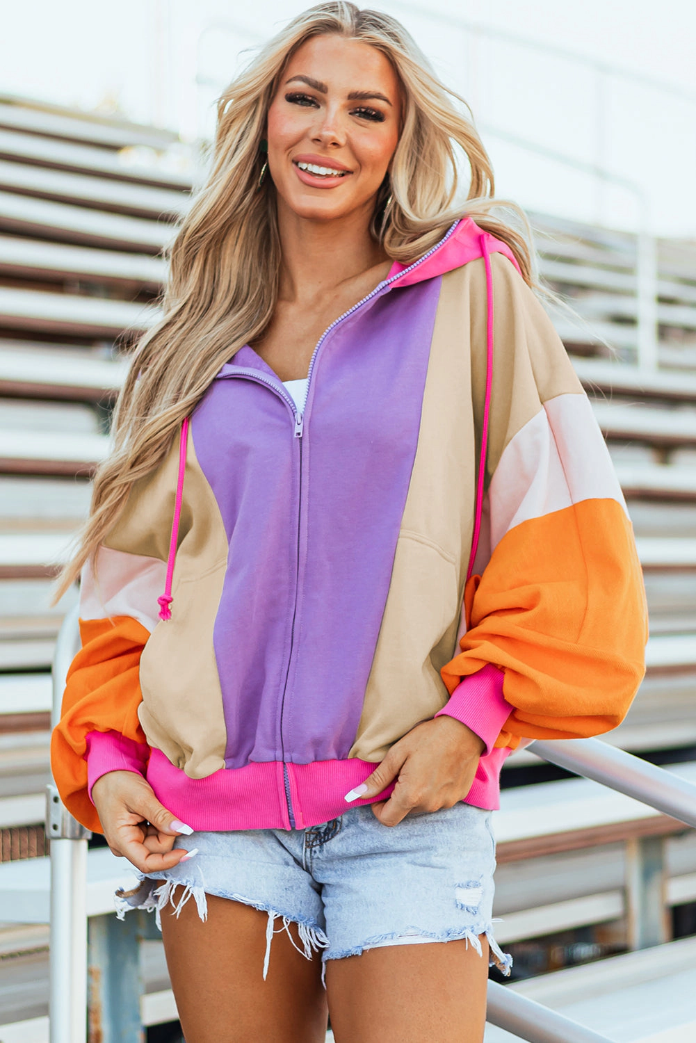 Threaded Pear Women's Remy Patchwork Full Zipped Hoodie