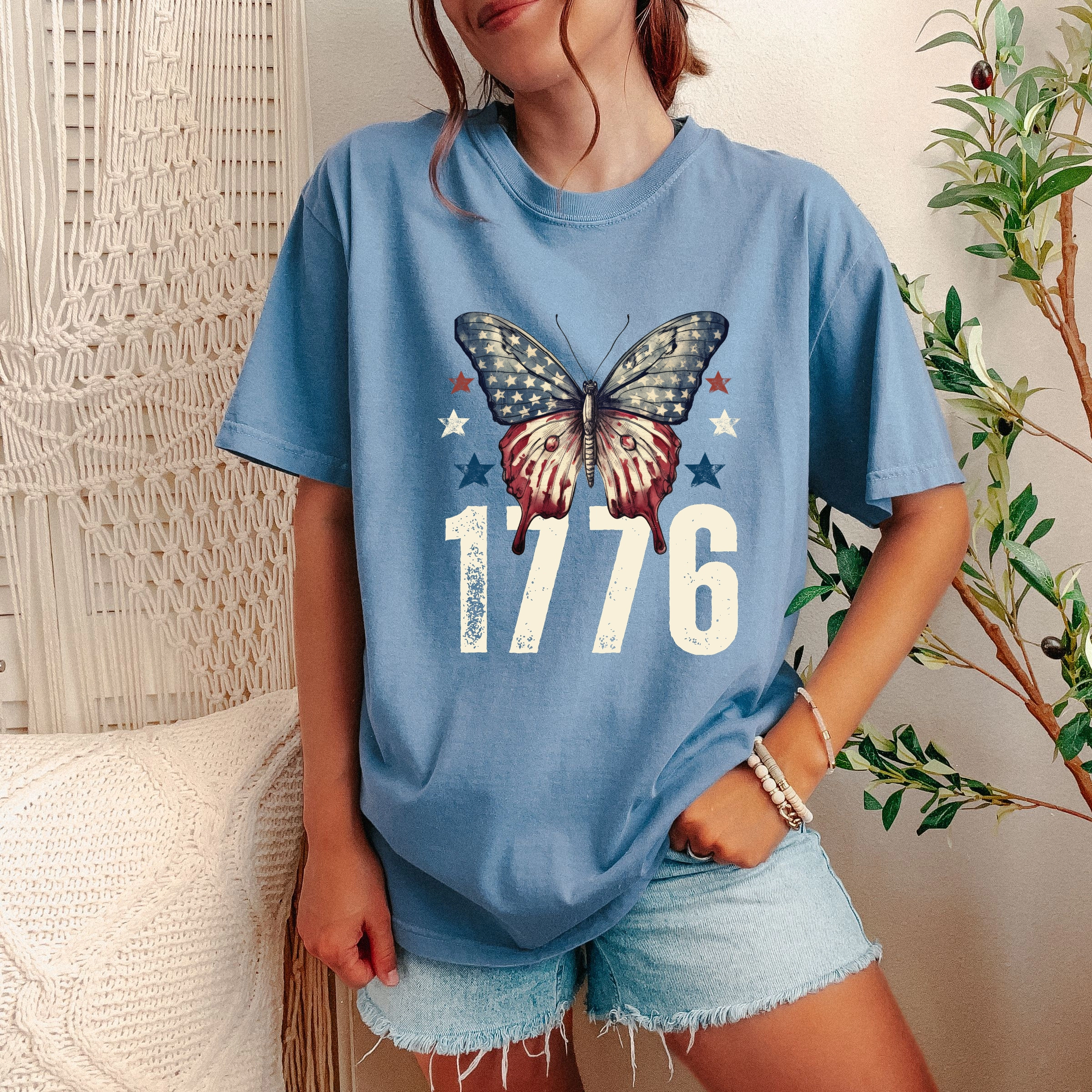 Simply Sage Market - 1776 Butterfly Patriotic Women's Garment Dyed Graphic T-Shirt