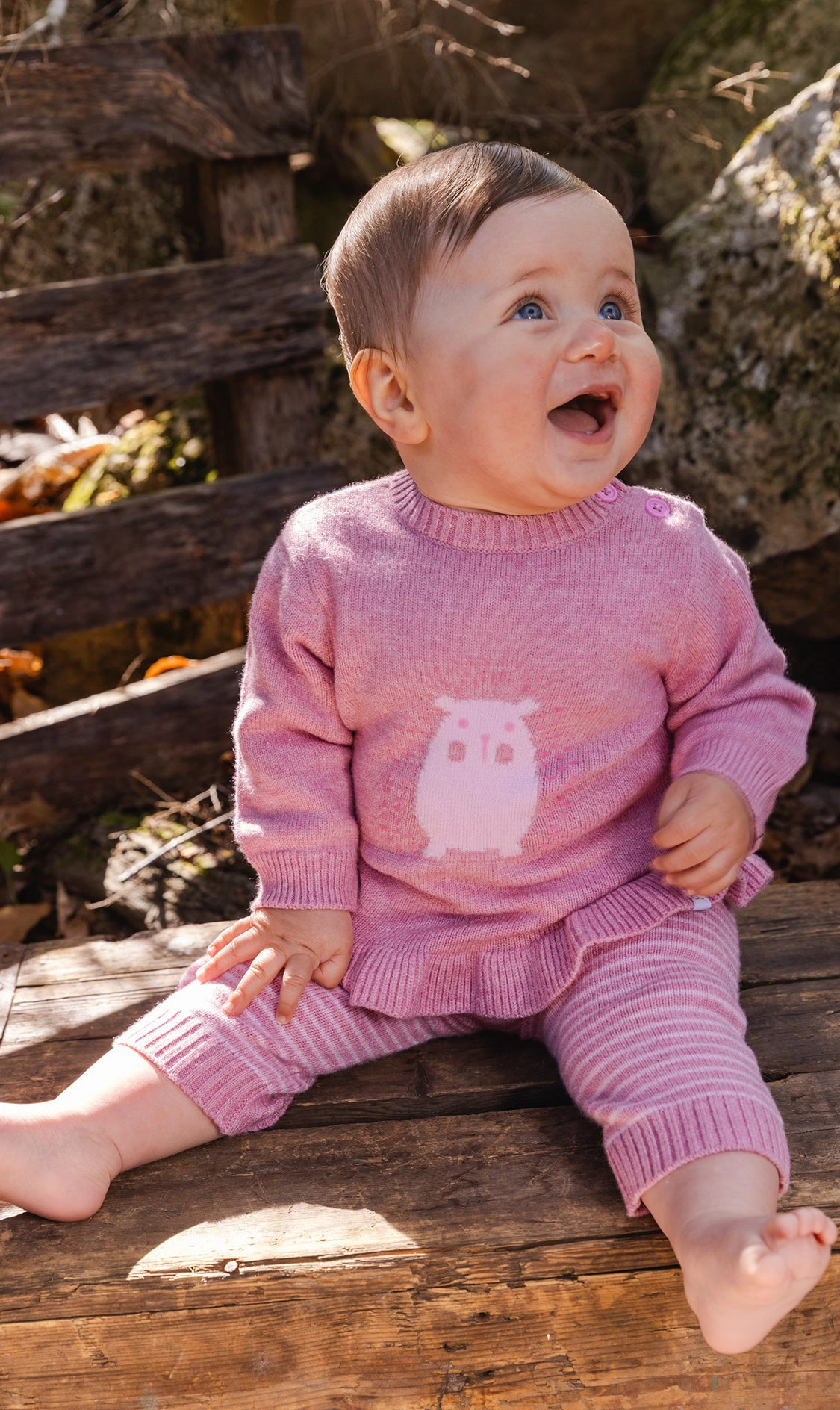Deux par Deux Girls Knitted Hedgehog Detail Ruffle Hem Top and Pants Set
