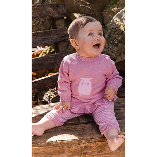 Deux par Deux Girls Knitted Hedgehog Detail Ruffle Hem Top and Pants Set