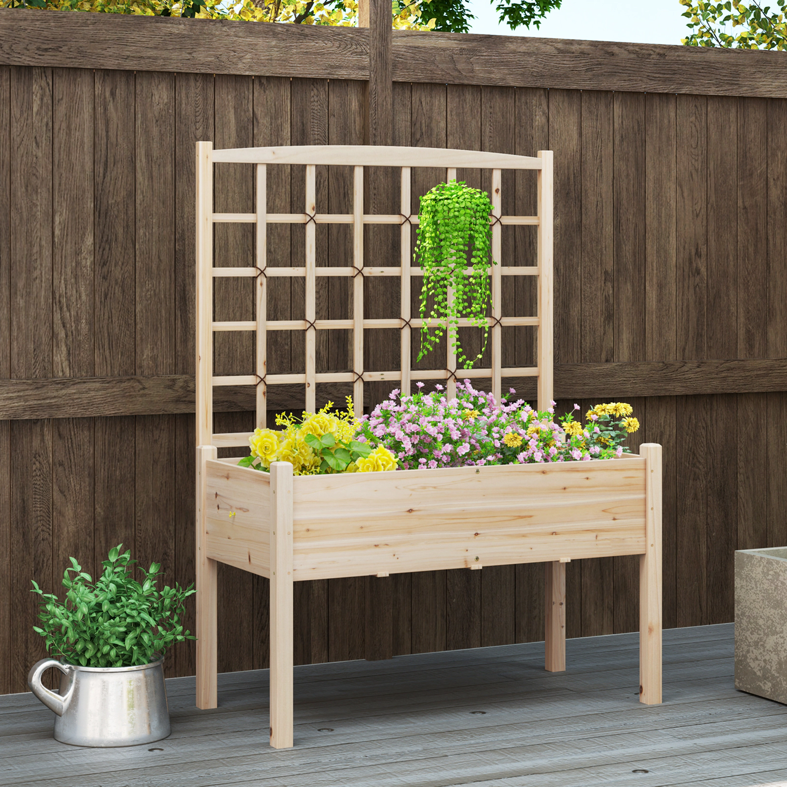 SUGIFT 63-in Tall 176-lb Capacity Elevated Fir Wood Raised Garden Bed with Lattice Trellis and Drain Holes