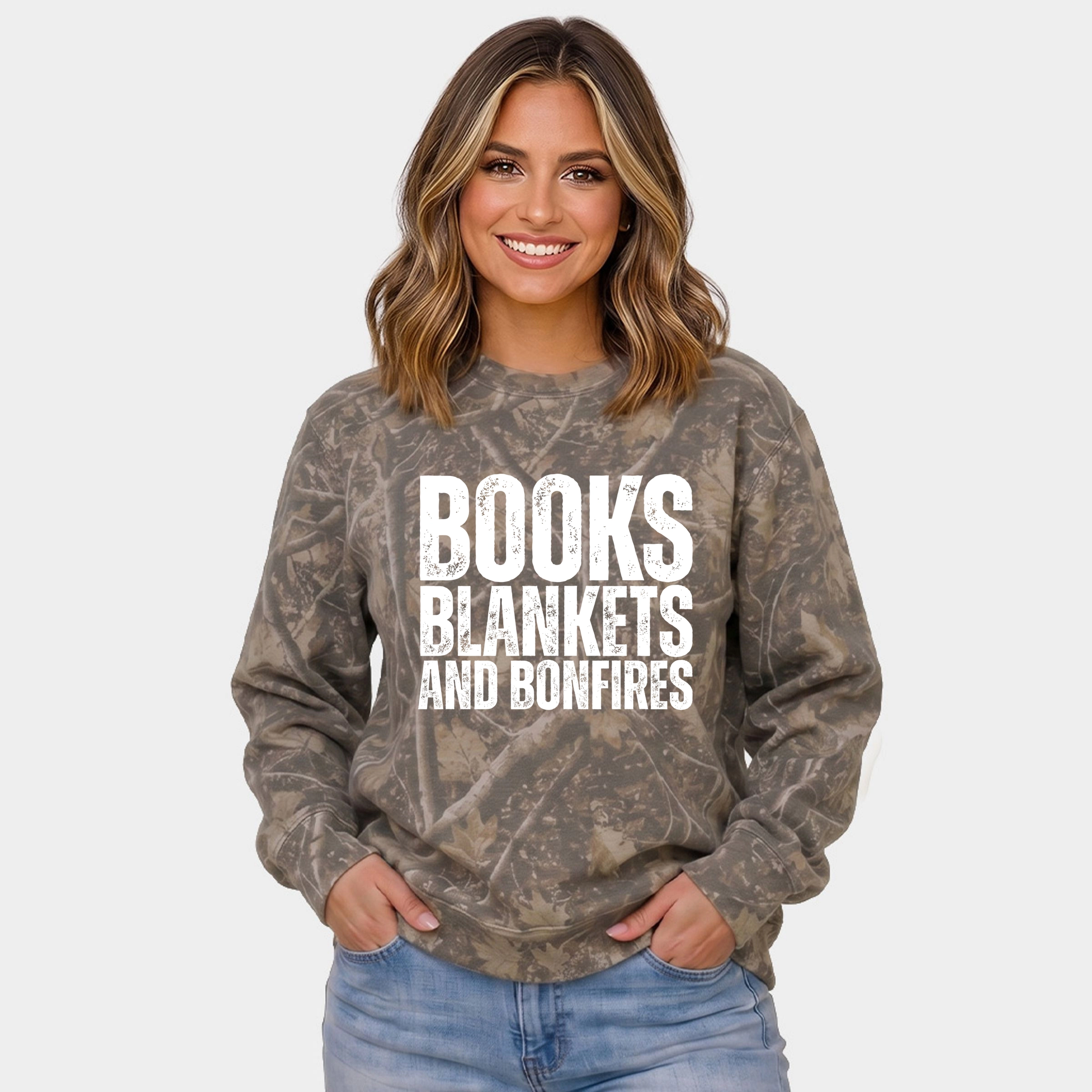 Simply Sage Market - Women's Camo Sweatshirt Books, Blankets, and Bonfires