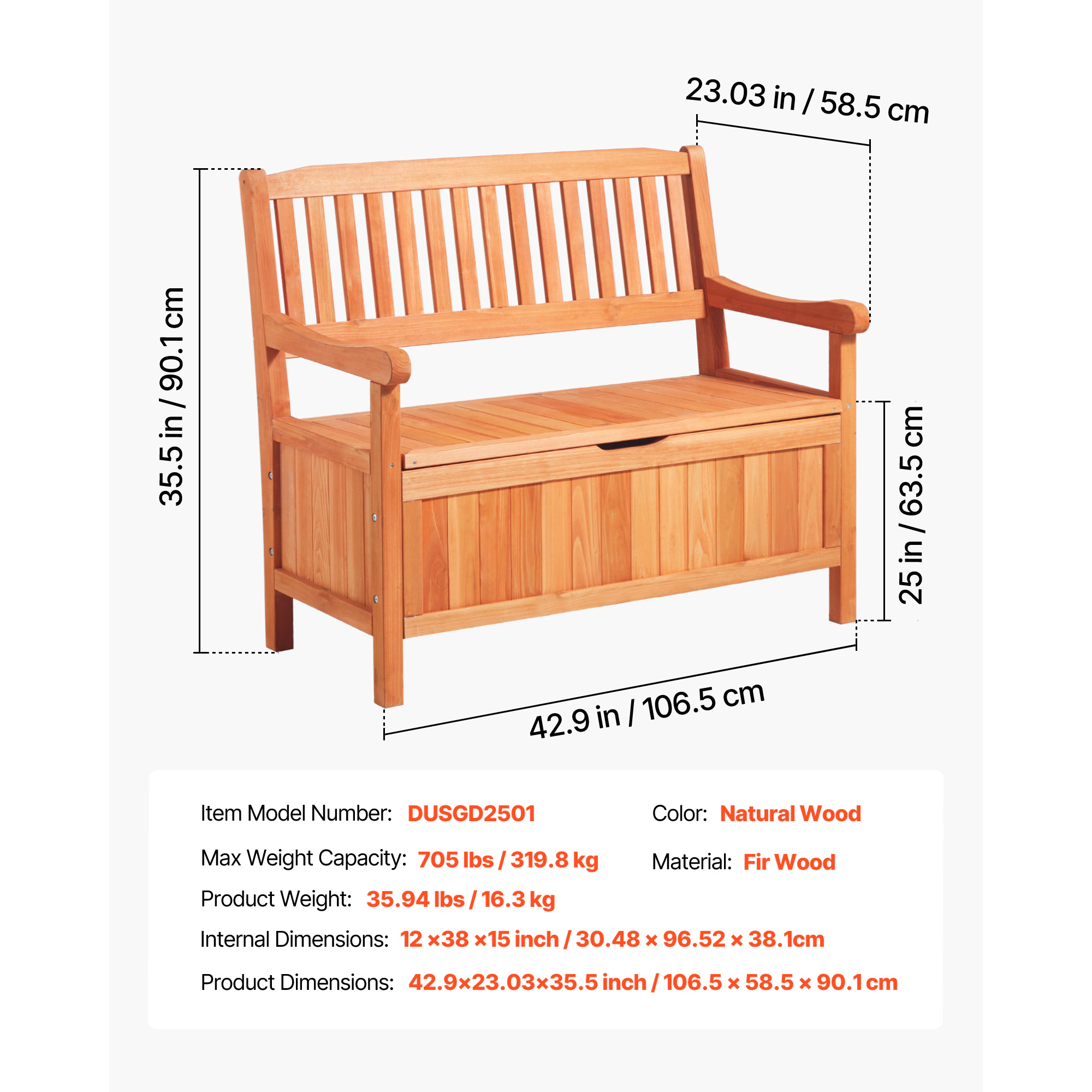 HONGGE 33 Gallon Outdoor Wood Storage Bench, 2-Person Deck Box with Side Handle, Supports 705 lbs, Natural Wood