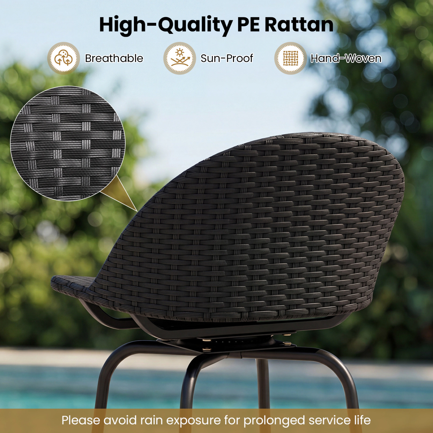 LJG Set of 2 Rattan Swivel Barstools with Curved Back
