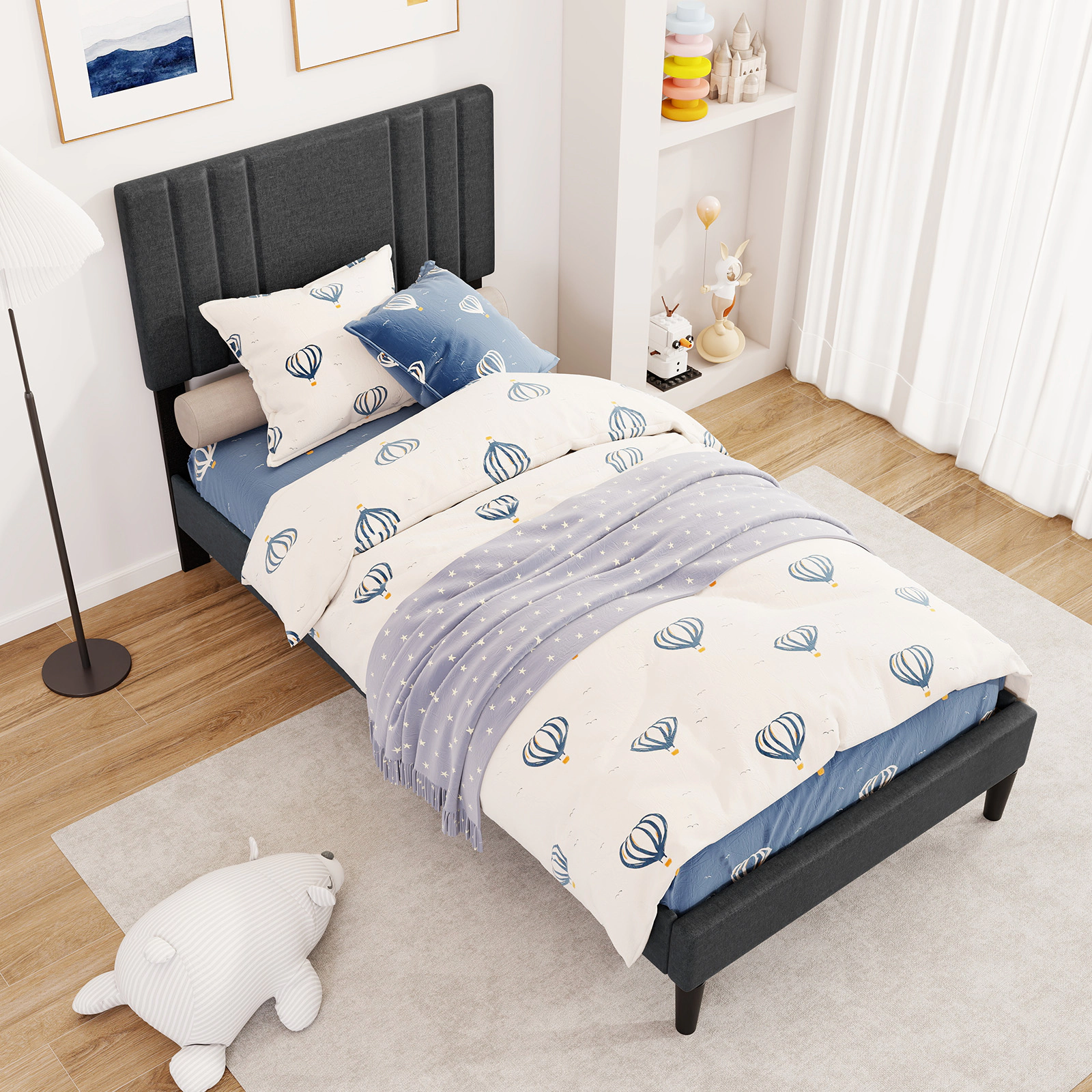 SUGIFT Twin Upholstered Platform Bed with Gray Vertical Channel-Tufted Headboard