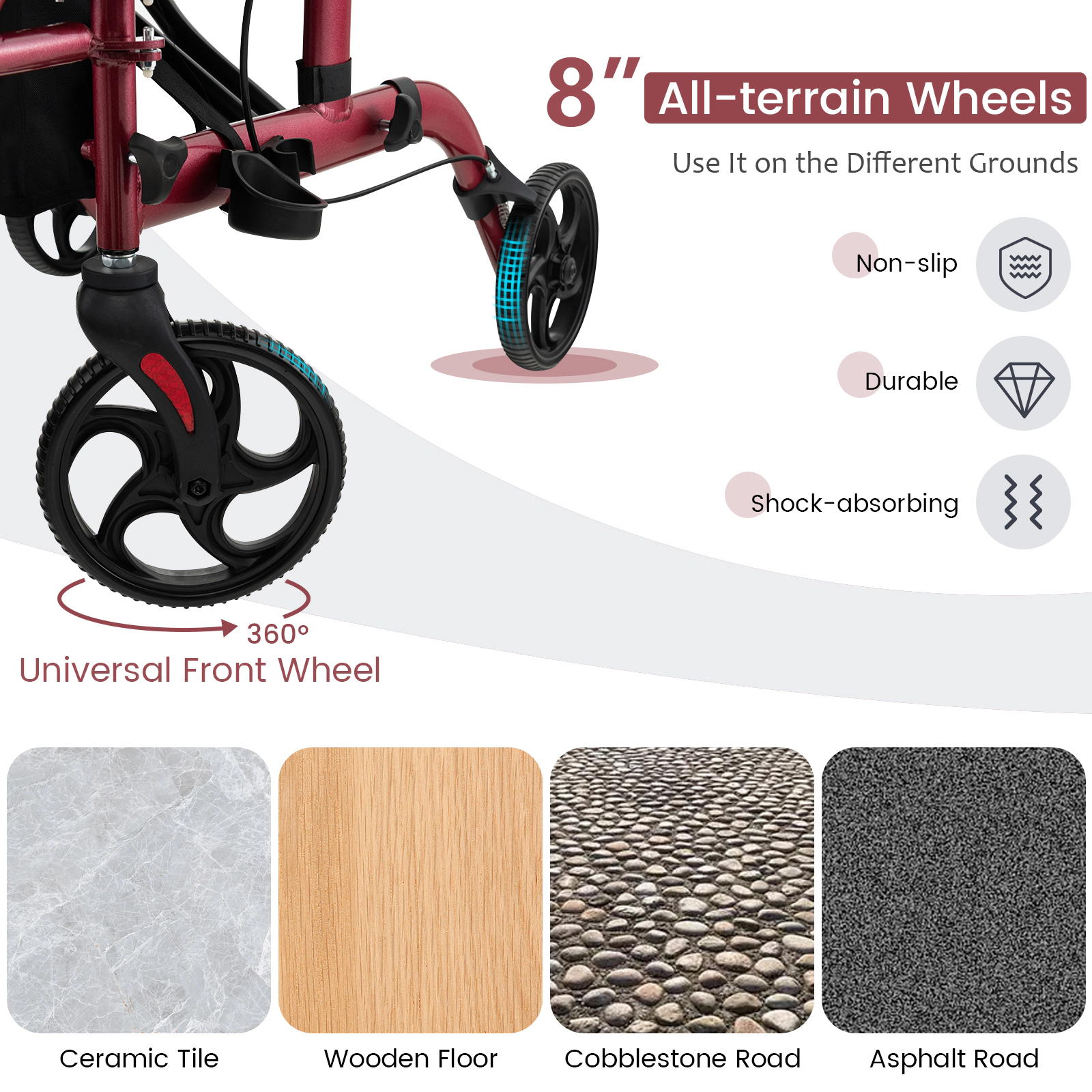 SUGIFT 300-lb Capacity 2-in-1 Folding Rollator Walker with Seat Dual Hand Brakes and Folding Footrests