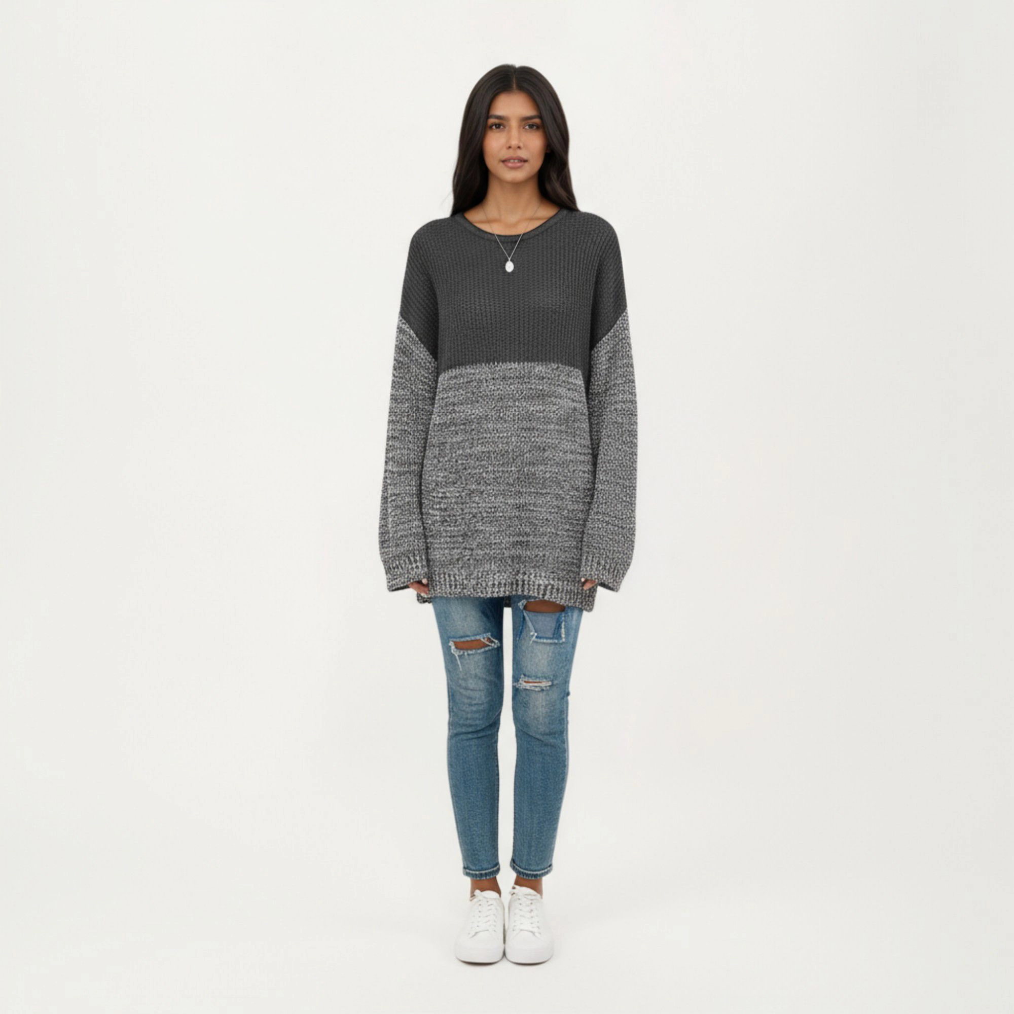 Anna-Kaci Women's Colorblock Waffle Marled Stitch Long Sleeve Knit Sweater