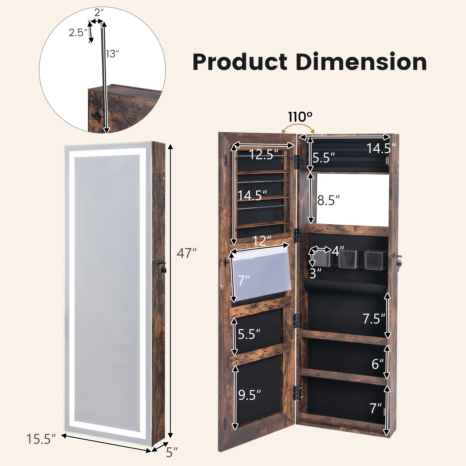 SUGIFT Wall or Door Mounted Mirrored Jewelry Armoire with Full Length Mirror with 2 Internal LED Lights Rustic Brown