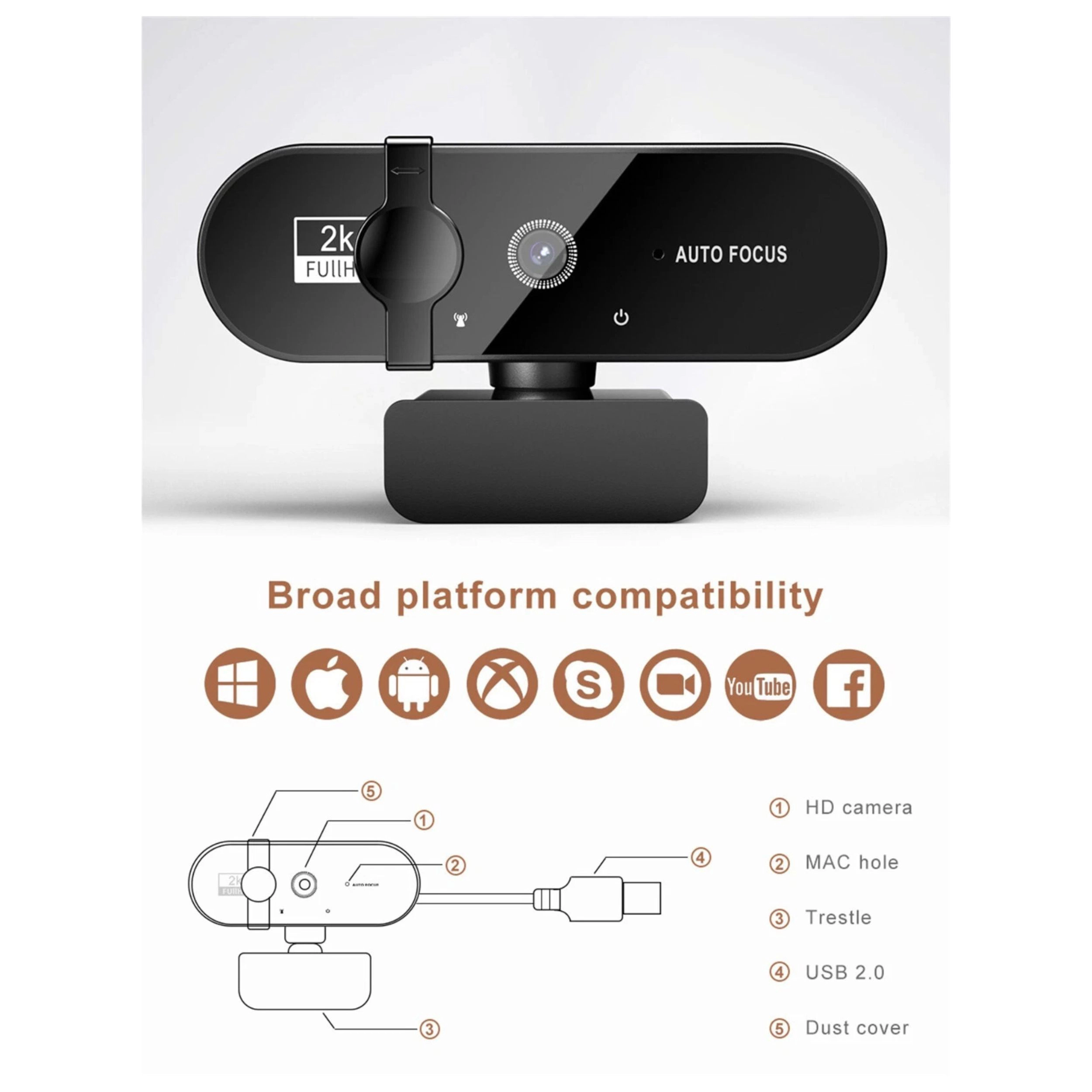 Home Collection 2K HD USB Webcam with Ring Light, Autofocus & Microphone