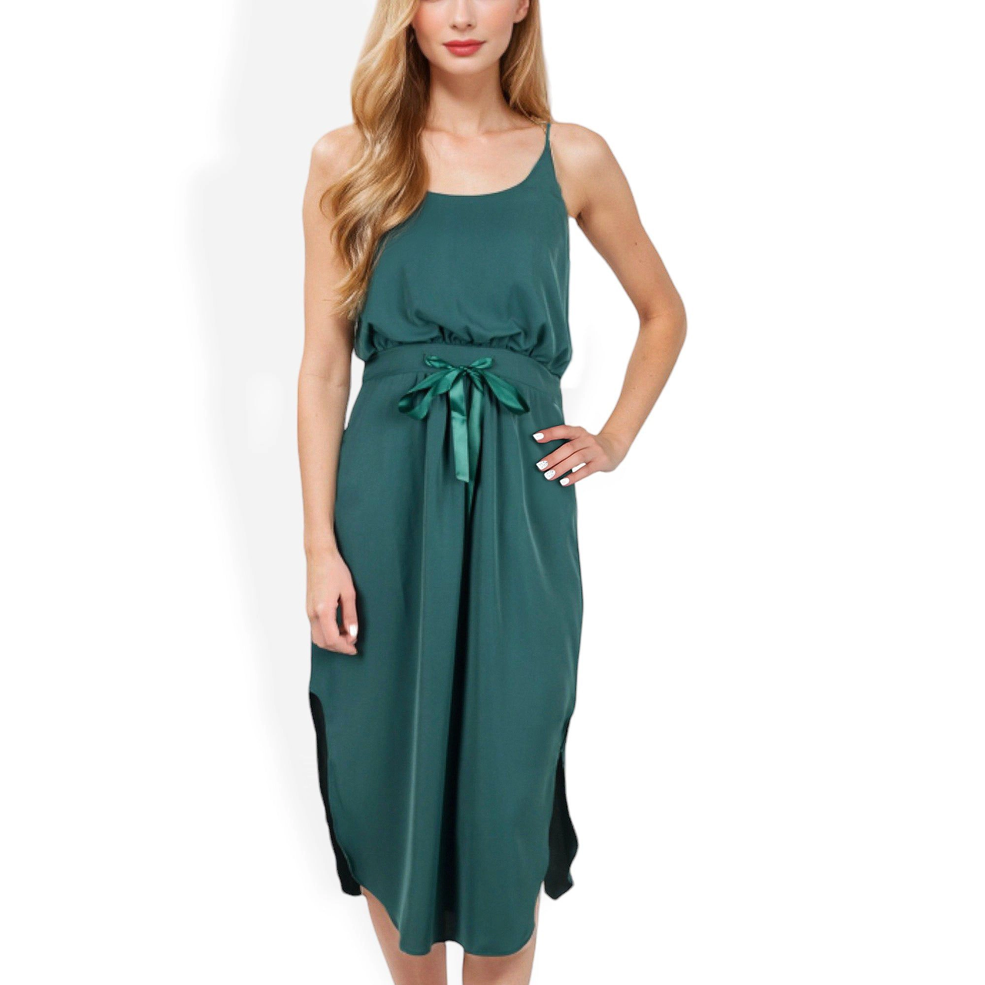 Anna-Kaci Women's Spaghetti Satin Bow Tie Waist Side Slits Midi Dress