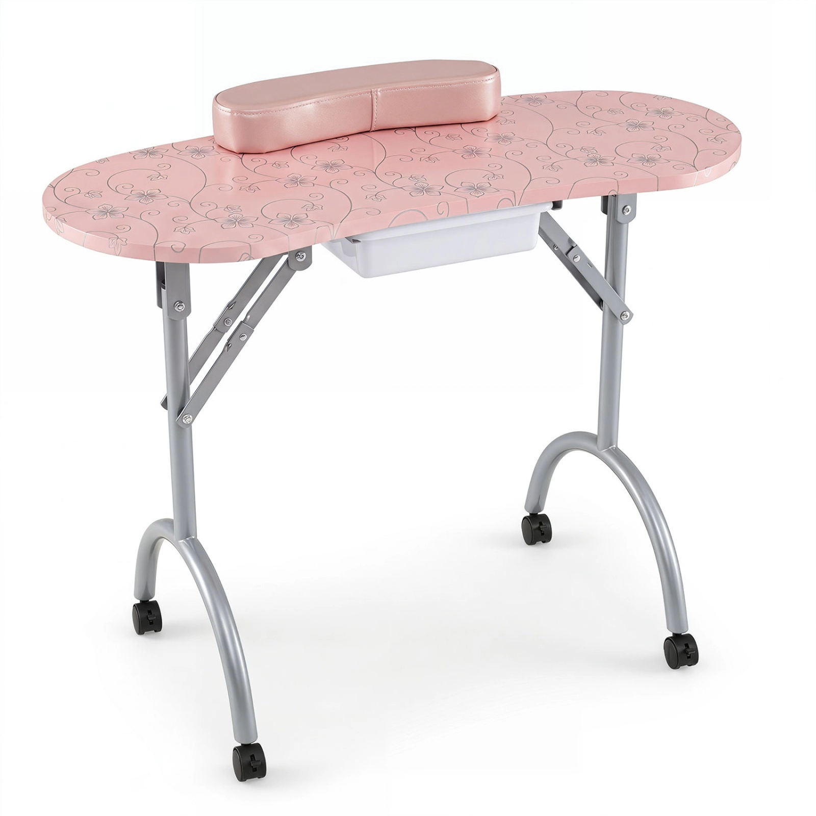 SUGIFT Floral Top Foldable Storage Drawer Wrist Cushion 4 Casters Manicure Nail Desk 35.5-in x 14.5-in x 27-in Pink