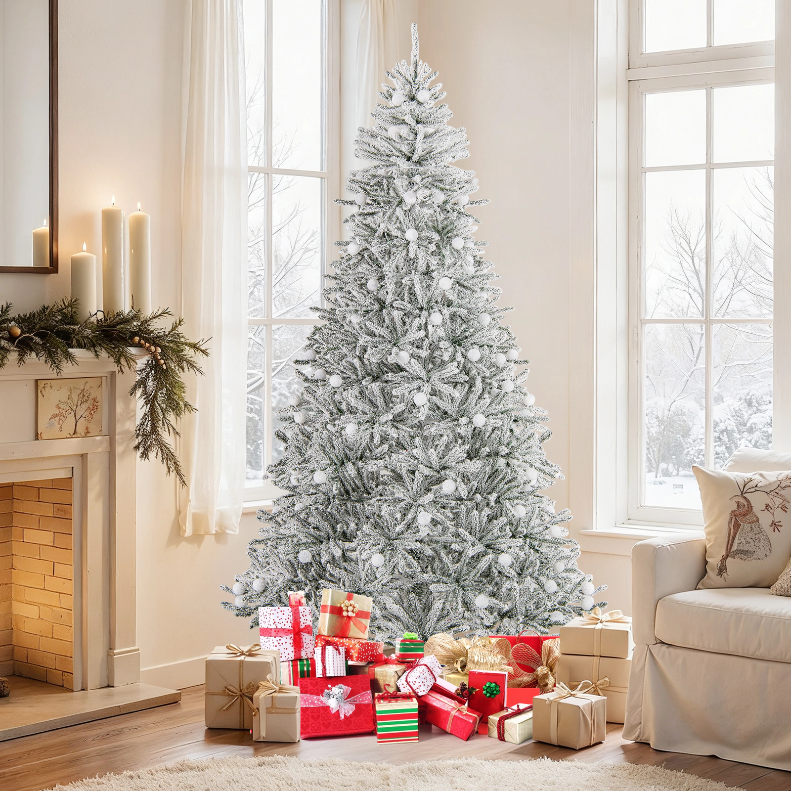 Costway 6/7/8 FT Snow-flocked Artificial Christmas Tree with 51/65/81 Sphere Lights 250/350/450 LED Lights