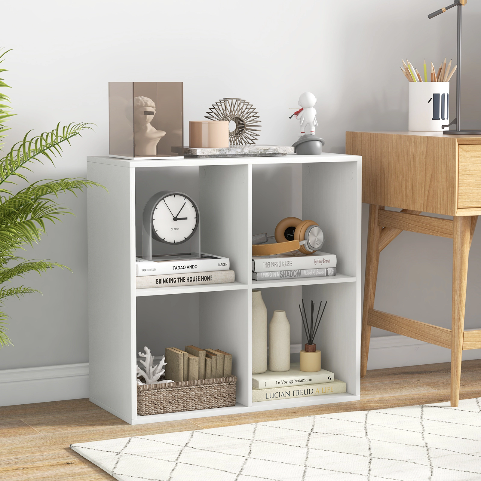 SUGIFT 4-Cube Engineered Wood Bookshelf with Back Guardrail 100-lb Tabletop Capacity 22-lb Cubes 27.5-in Frame White