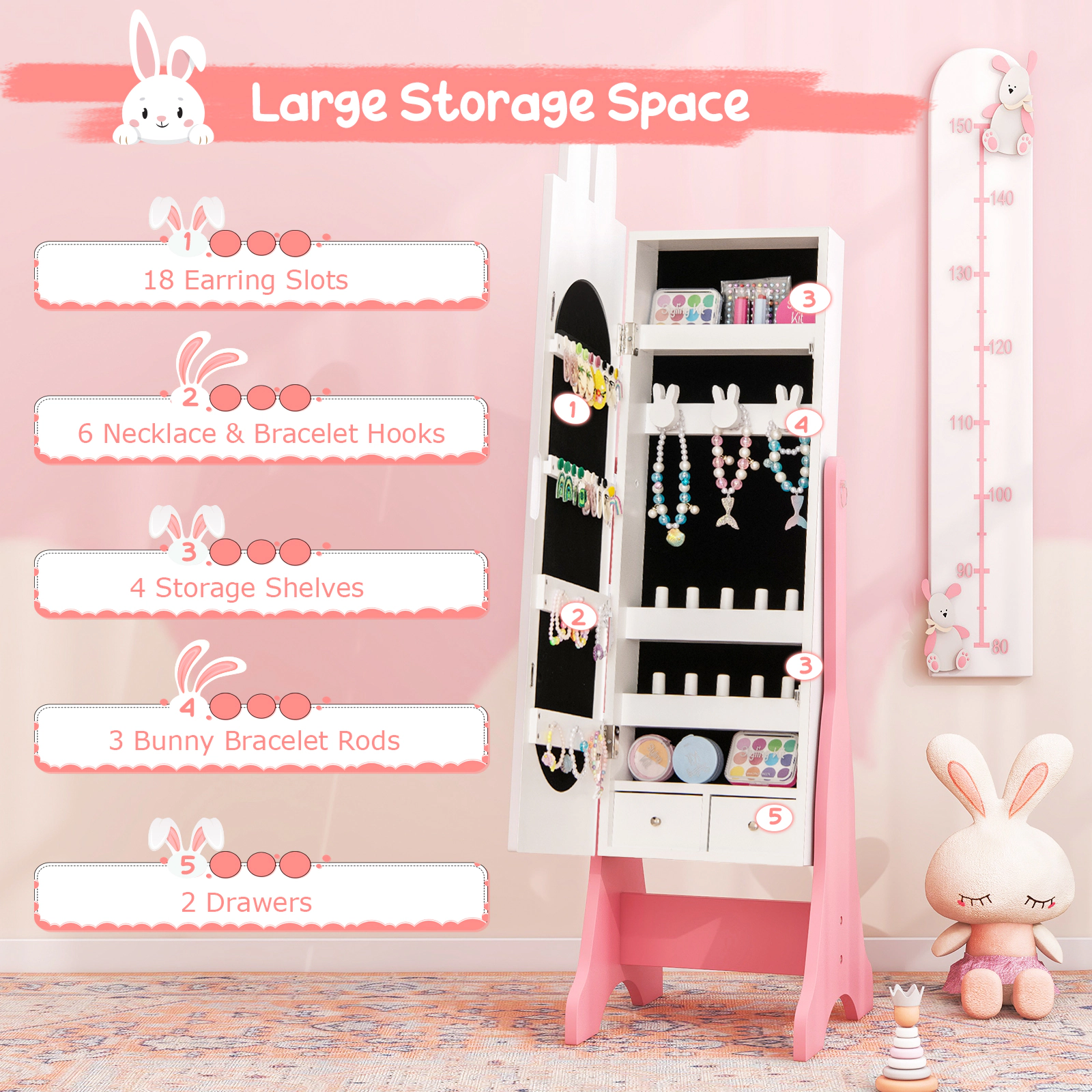SUGIFT 4-Piece Kids Vanity Table Set with Chair and Full-Length Dressing Mirror 110-lb Stool Capacity Ages 3+ Pink/White