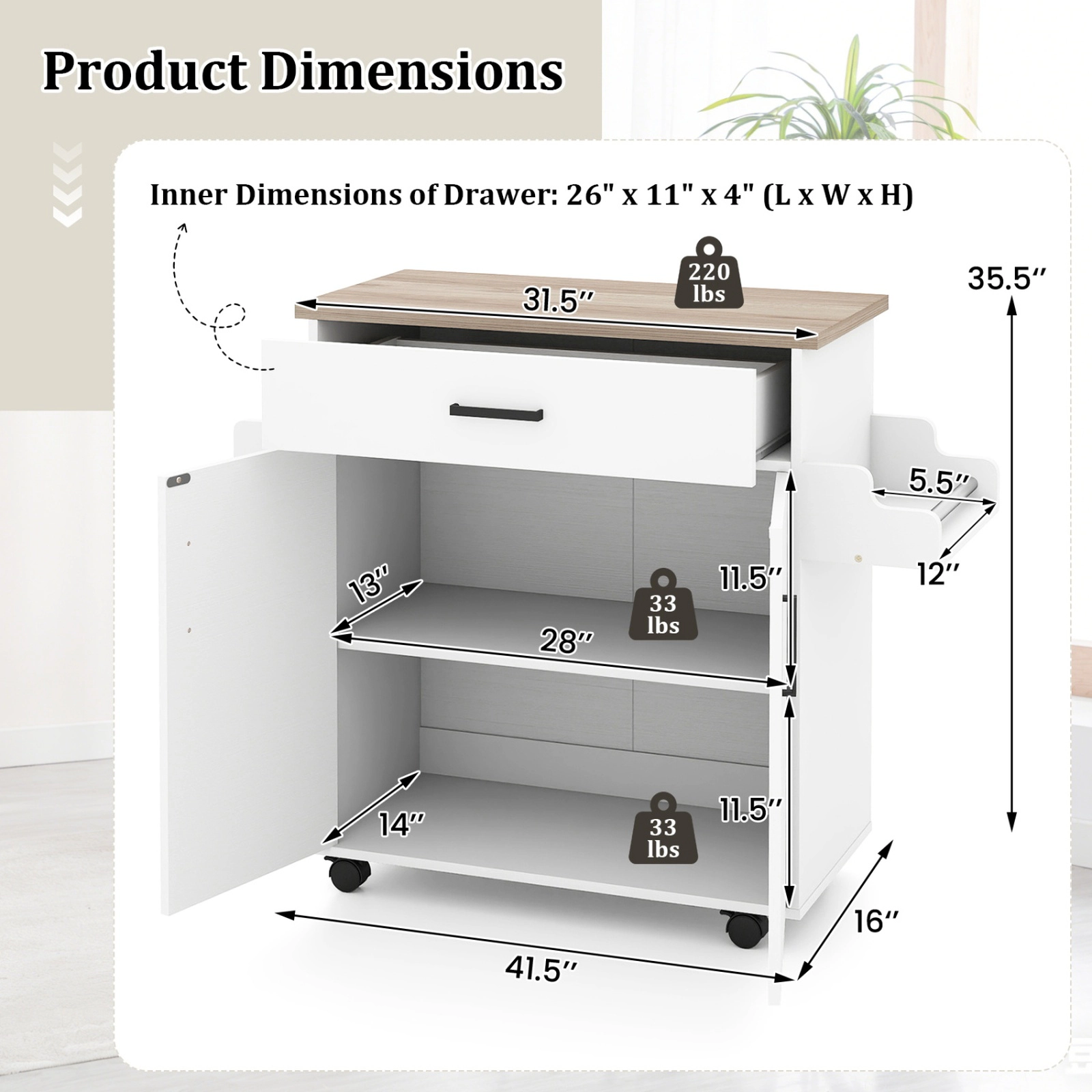 SUGIFT Rolling Kitchen Island Cart White with Wide Drawer and 2-Tier Storage Cabinet
